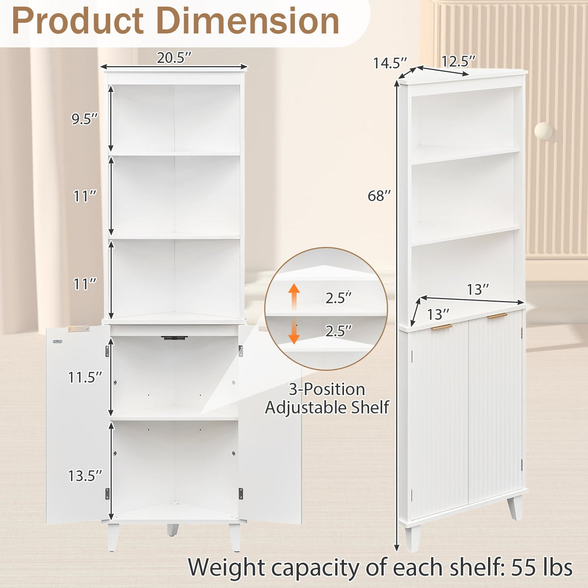 68" Tall Corner Bathroom Storage Cabinet - White Fluted Doors-Floor Cabinets-DECOROLALA