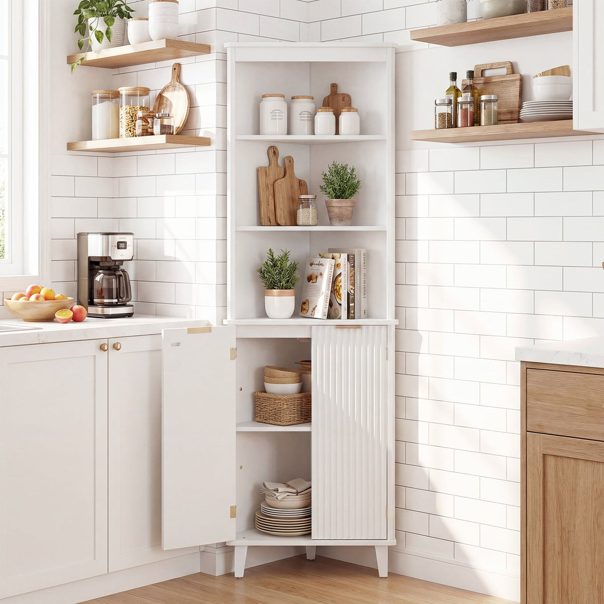 68" Tall Corner Bathroom Storage Cabinet - White Fluted Doors-Floor Cabinets-DECOROLALA