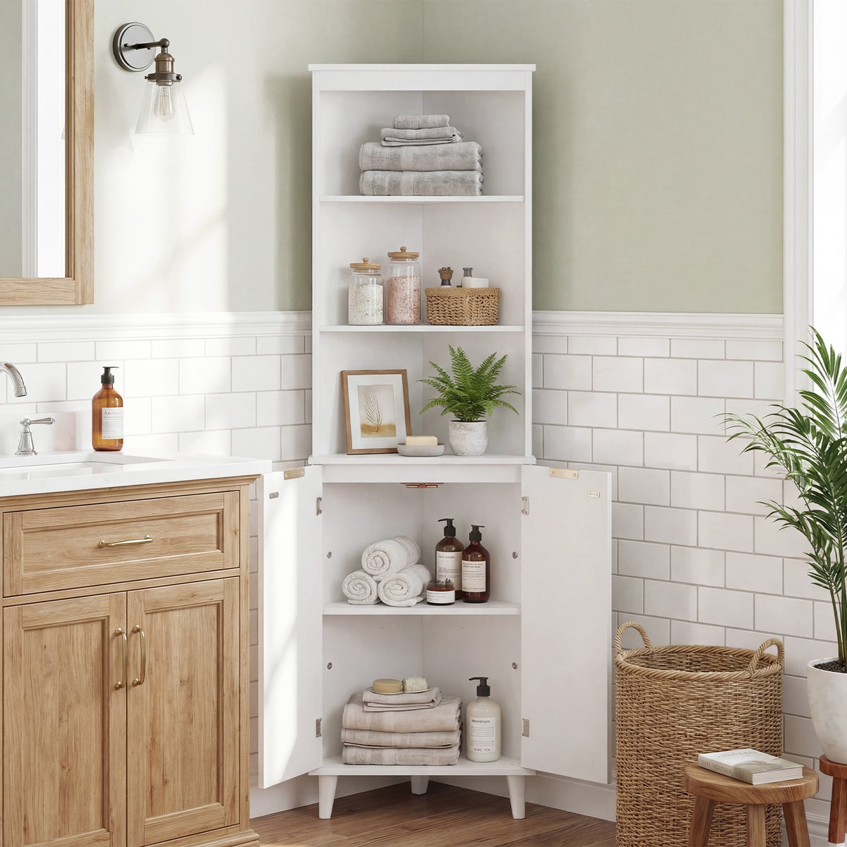 68" Tall Corner Bathroom Storage Cabinet - White Fluted Doors-Floor Cabinets-DECOROLALA