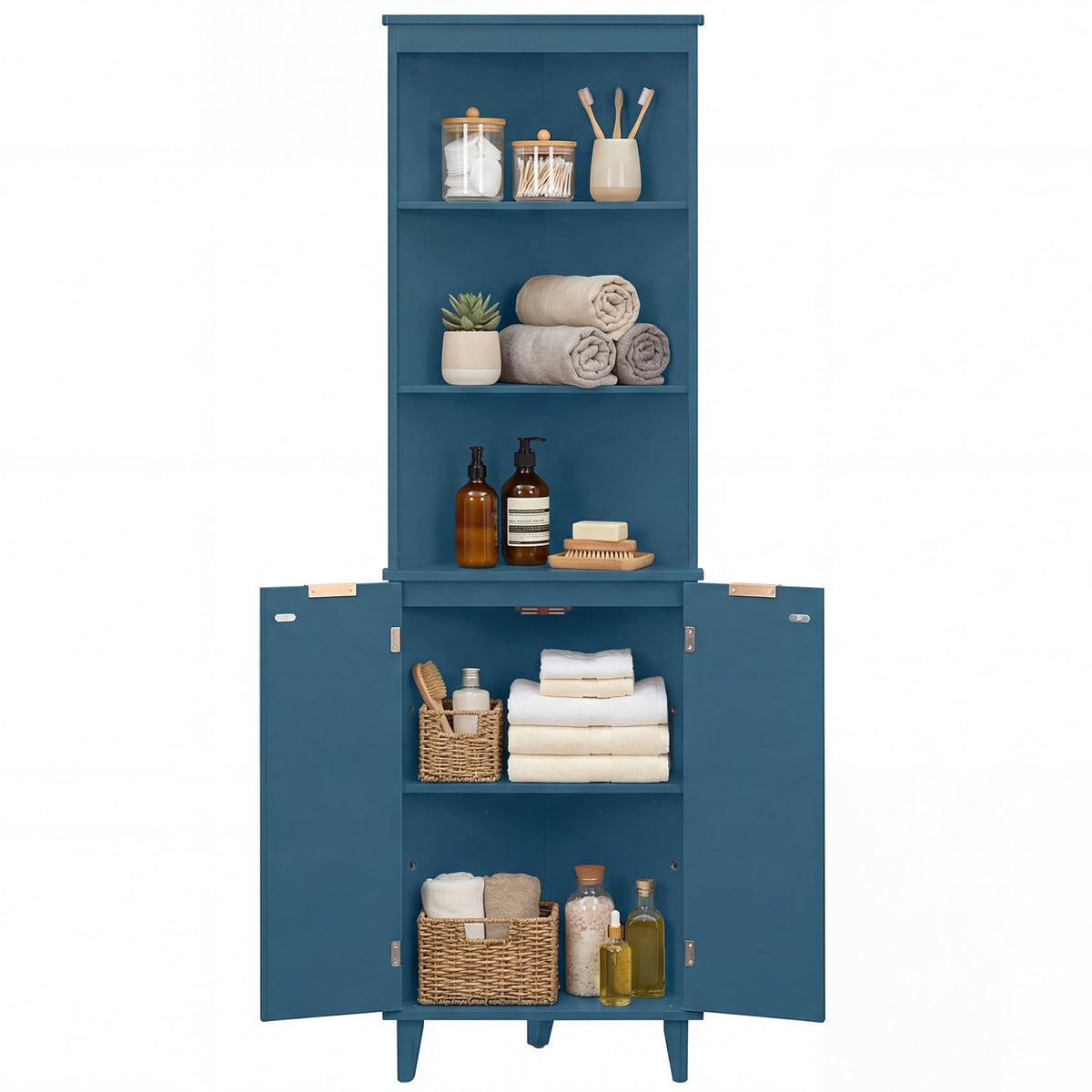 68" Tall Corner Bathroom Storage Cabinet with Fluted Doors - Blue-Floor Cabinets-DECOROLALA