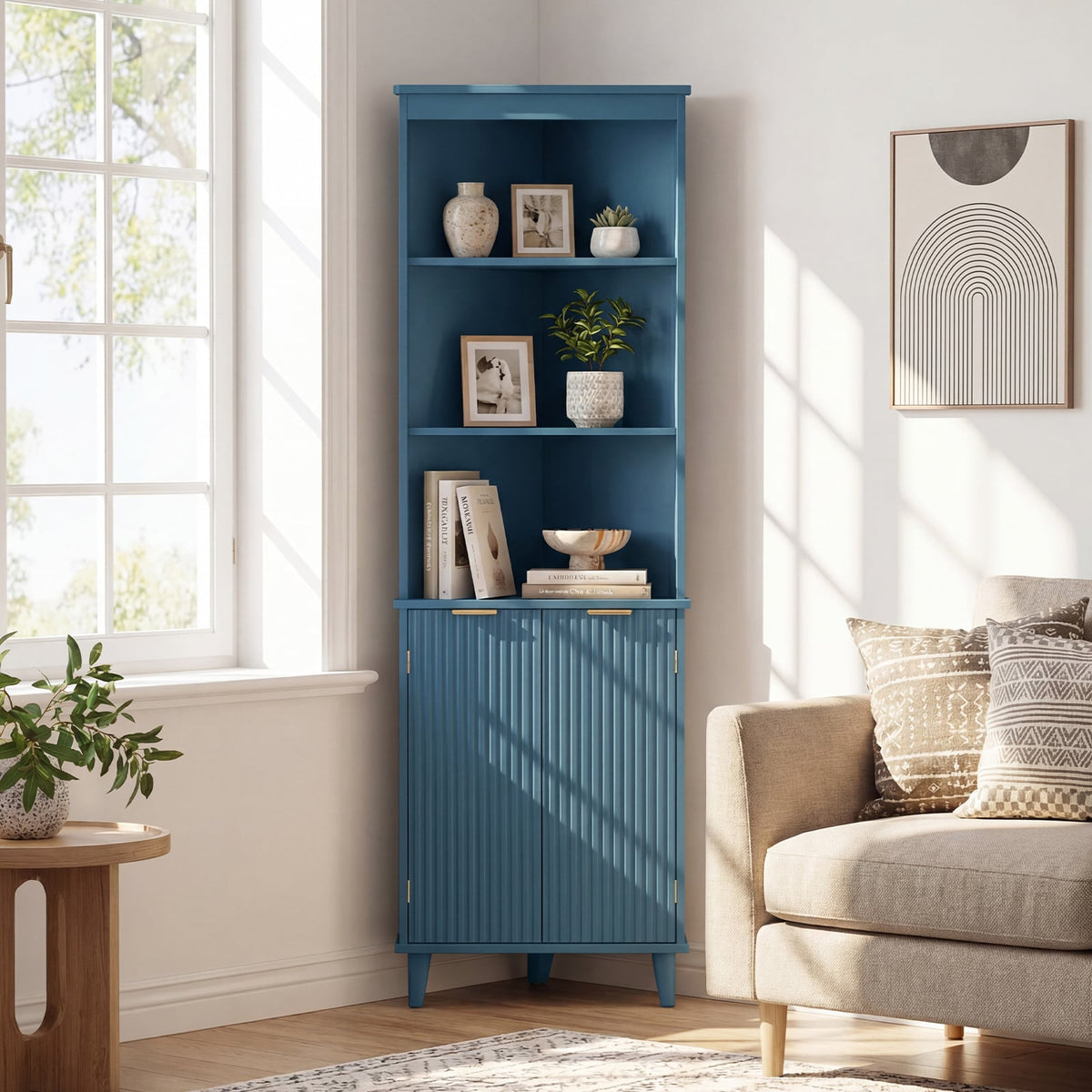 68" Tall Corner Bathroom Storage Cabinet with Fluted Doors - Blue-Floor Cabinets-DECOROLALA