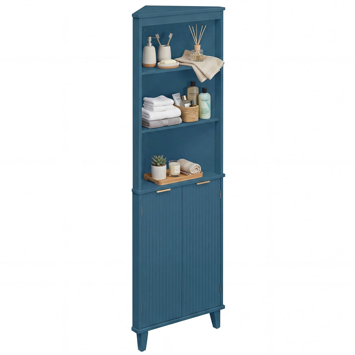 68" Tall Corner Bathroom Storage Cabinet with Fluted Doors - Blue-Floor Cabinets-DECOROLALA