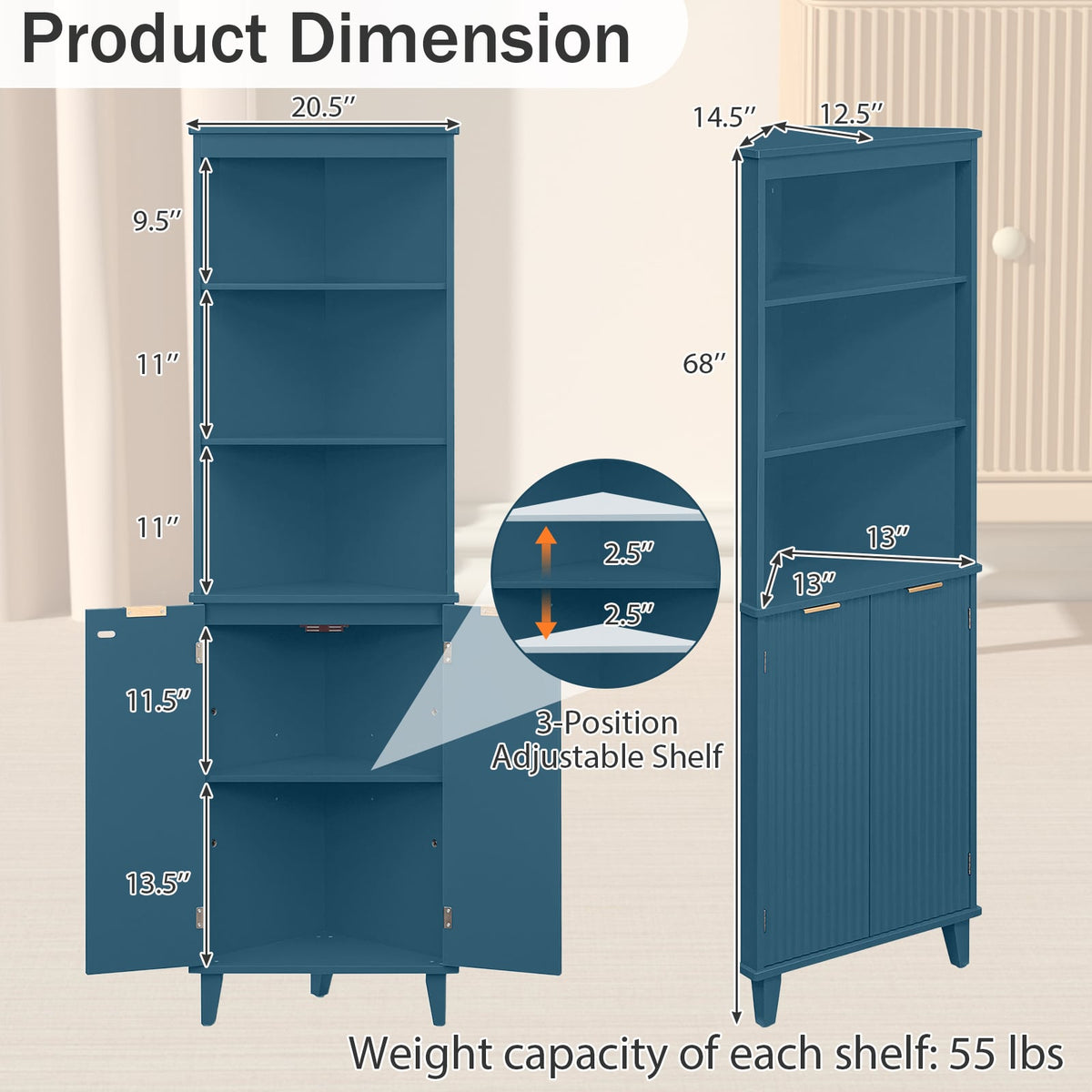 68" Tall Corner Bathroom Storage Cabinet with Fluted Doors - Blue-Floor Cabinets-DECOROLALA
