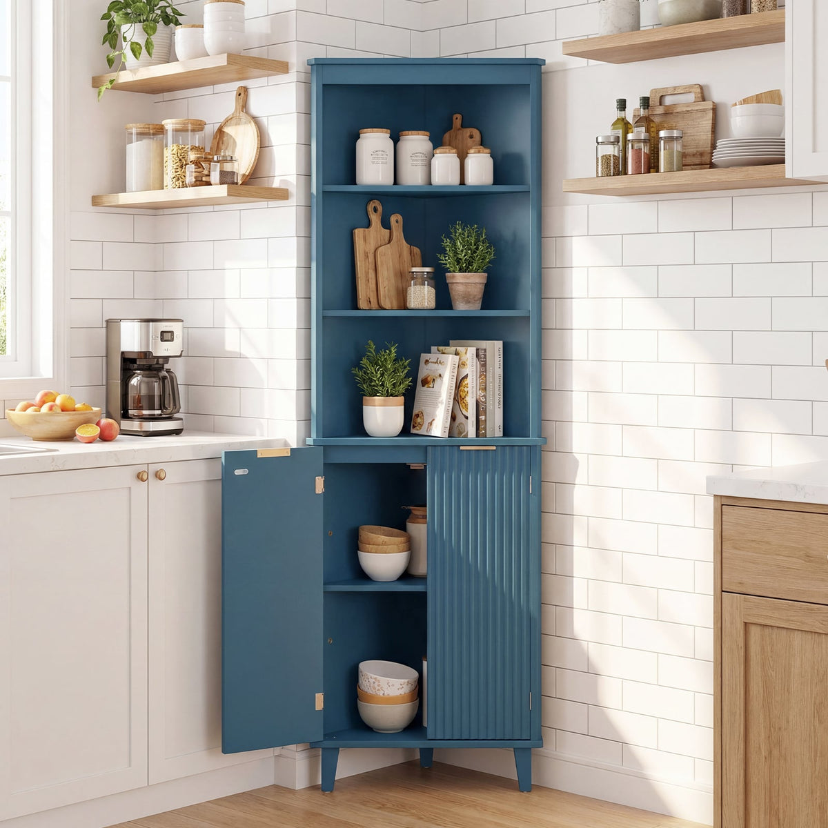 68" Tall Corner Bathroom Storage Cabinet with Fluted Doors - Blue-Floor Cabinets-DECOROLALA