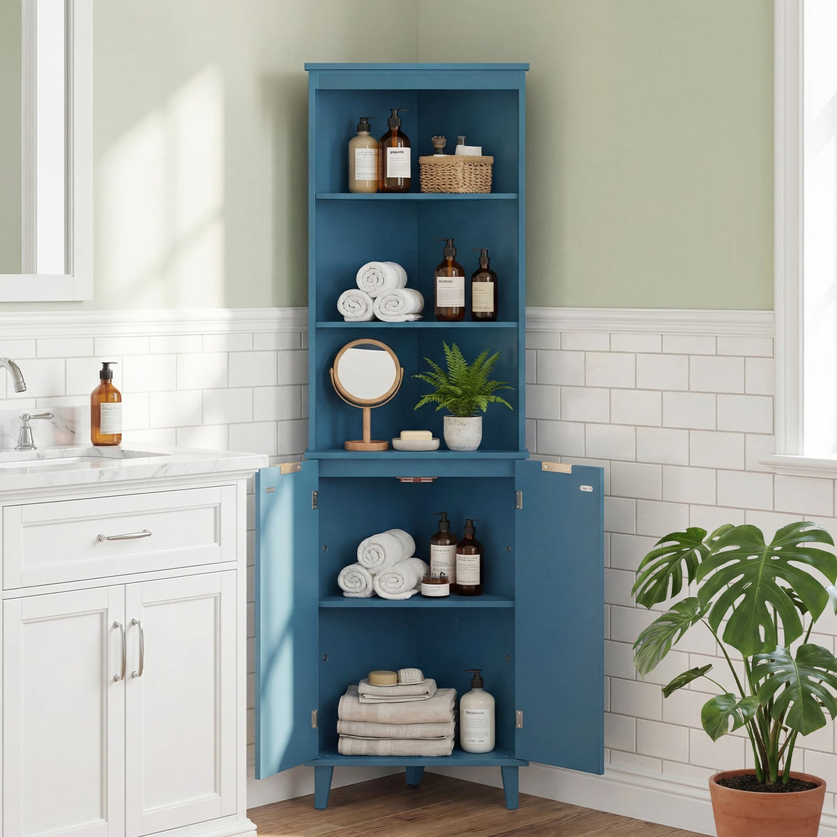 68" Tall Corner Bathroom Storage Cabinet with Fluted Doors - Blue-Floor Cabinets-DECOROLALA