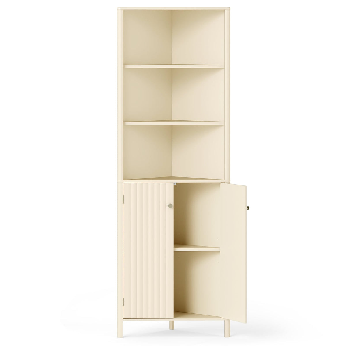 68" Tall Corner Cabinet with 5 Shelves & Fluted Doors - Beige-Floor Cabinets-DECOROLALA