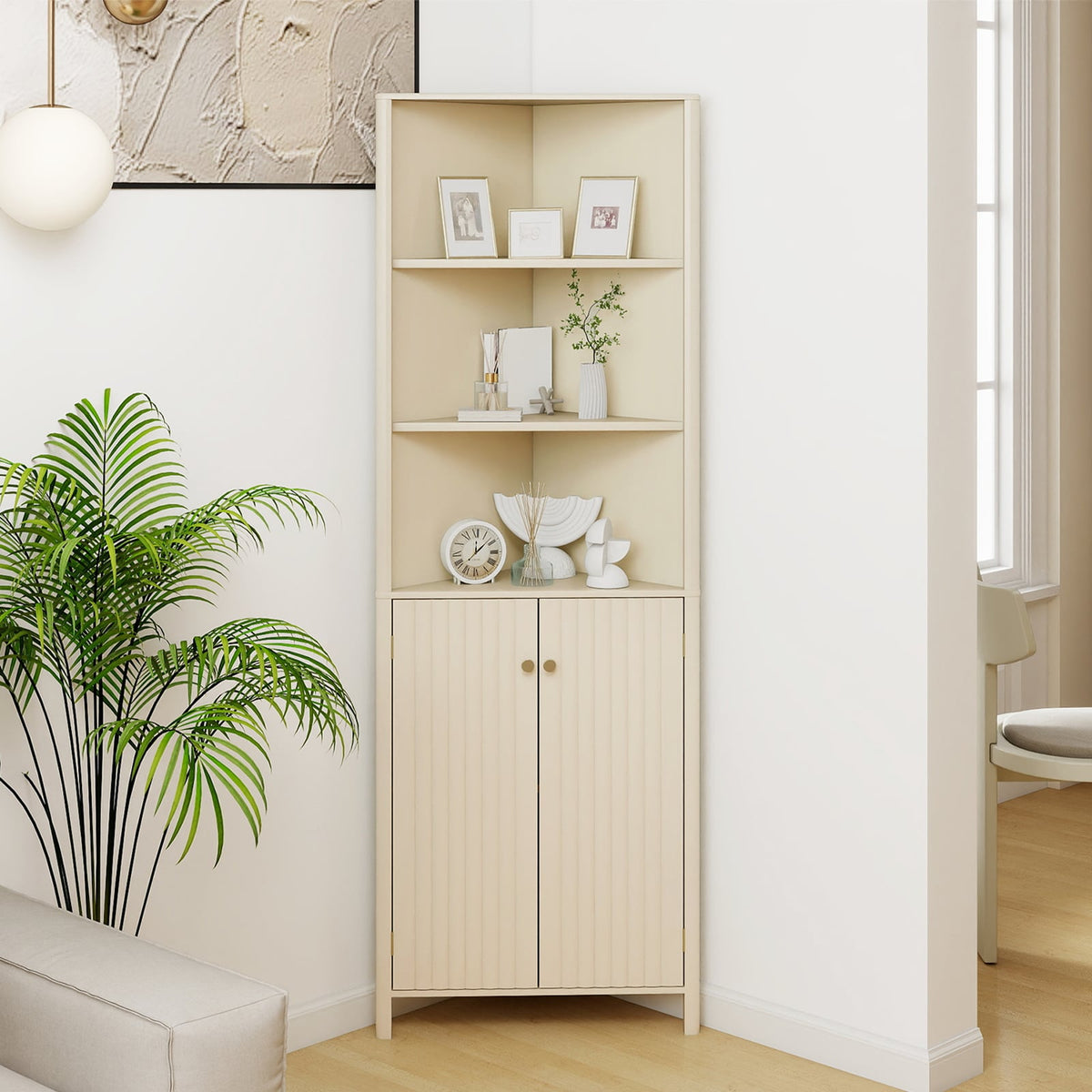 68" Tall Corner Cabinet with 5 Shelves & Fluted Doors - Beige-Floor Cabinets-DECOROLALA