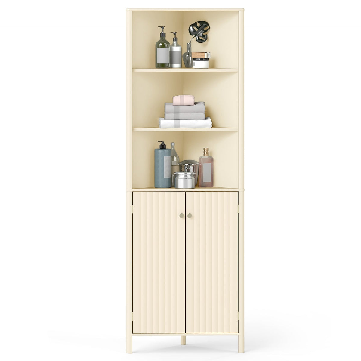 68" Tall Corner Cabinet with 5 Shelves & Fluted Doors - Beige-Floor Cabinets-DECOROLALA