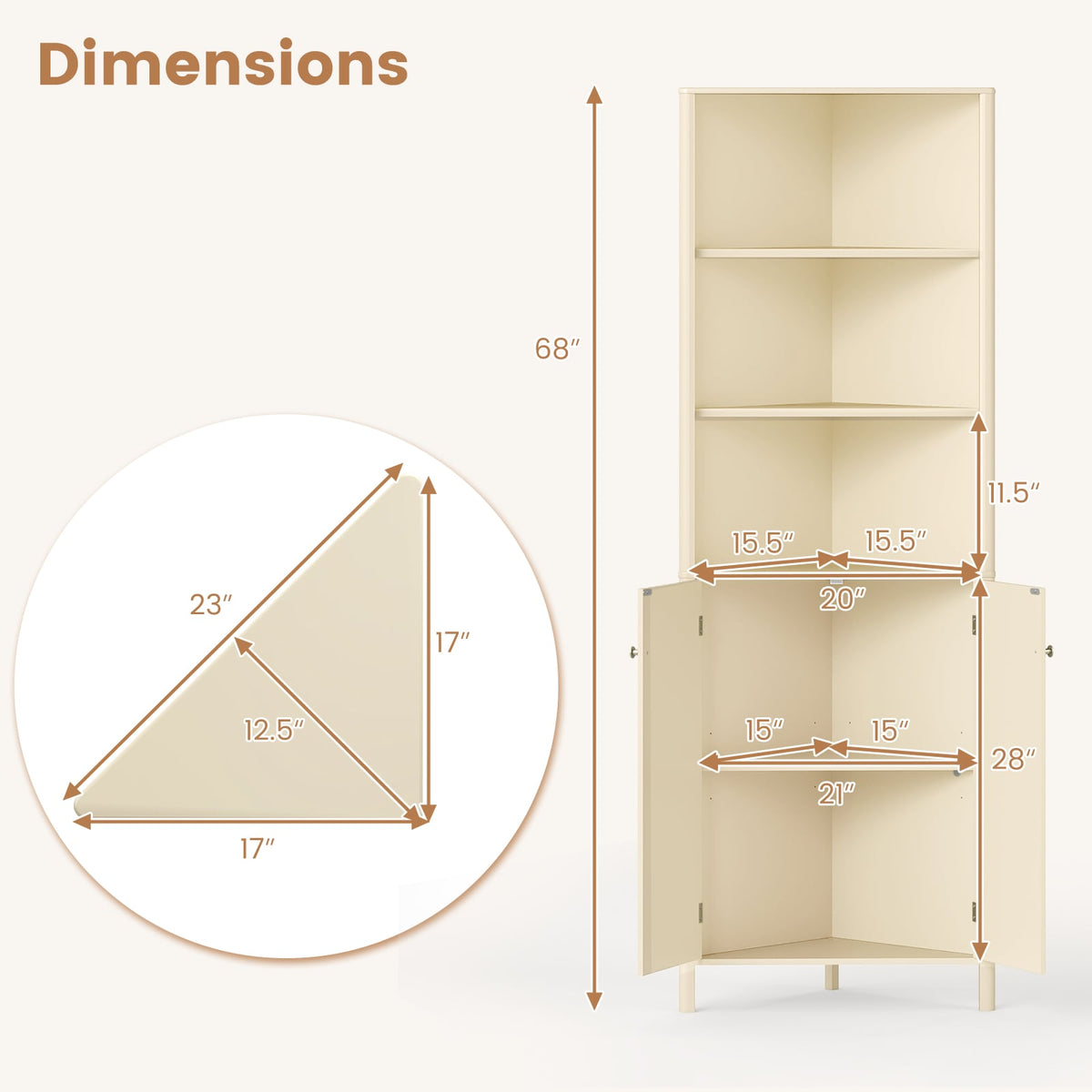 68" Tall Corner Cabinet with 5 Shelves & Fluted Doors - Beige-Floor Cabinets-DECOROLALA