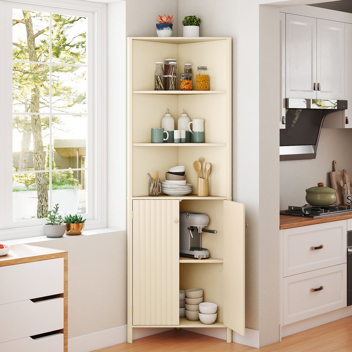 68" Tall Corner Cabinet with 5 Shelves & Fluted Doors - Beige-Floor Cabinets-DECOROLALA