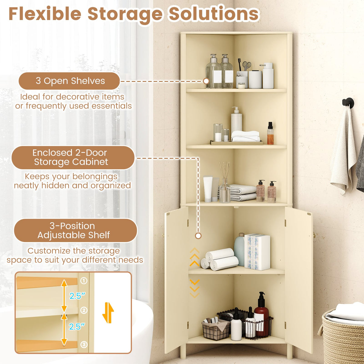 68" Tall Corner Cabinet with 5 Shelves & Fluted Doors - Beige-Floor Cabinets-DECOROLALA
