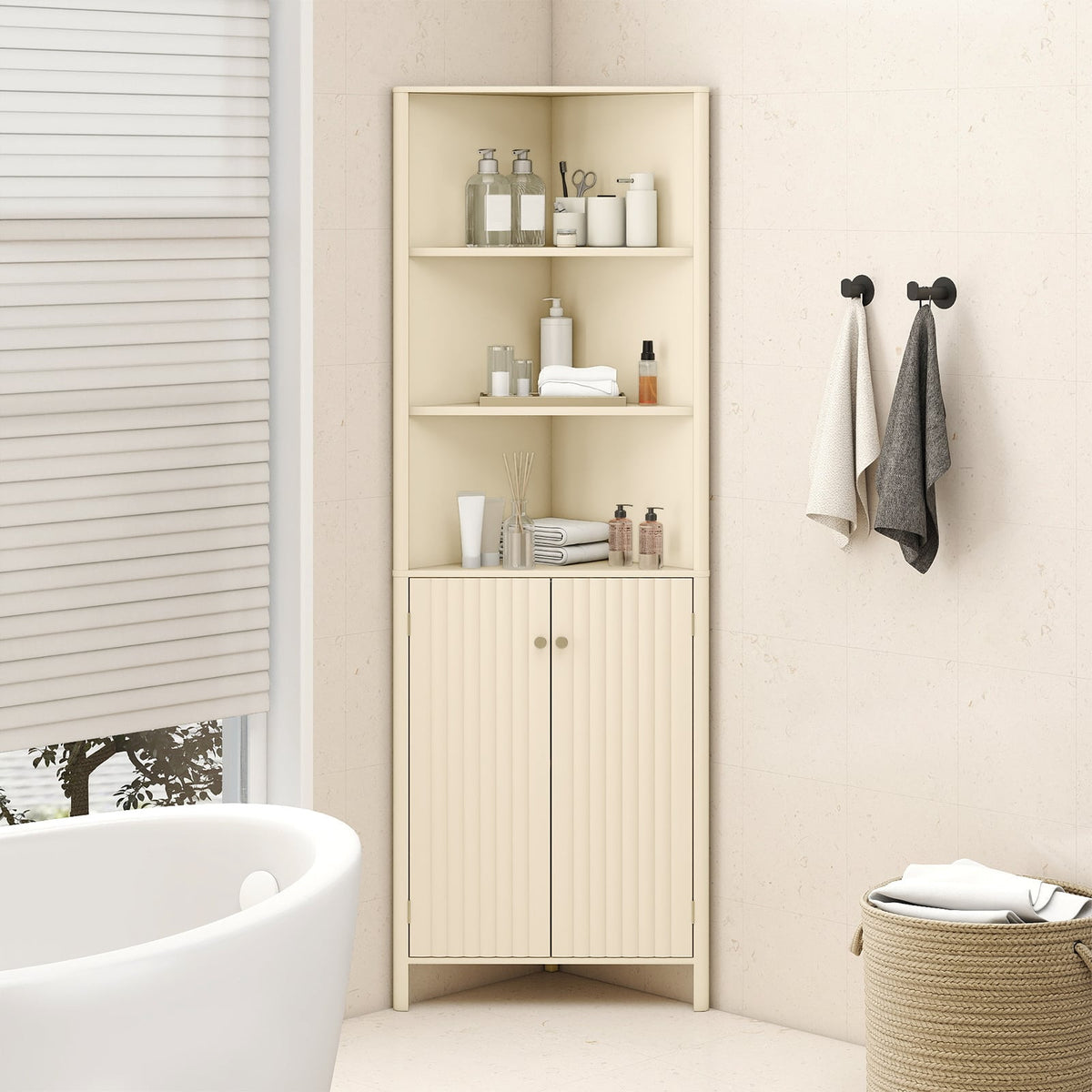68" Tall Corner Cabinet with 5 Shelves & Fluted Doors - Beige-Floor Cabinets-DECOROLALA