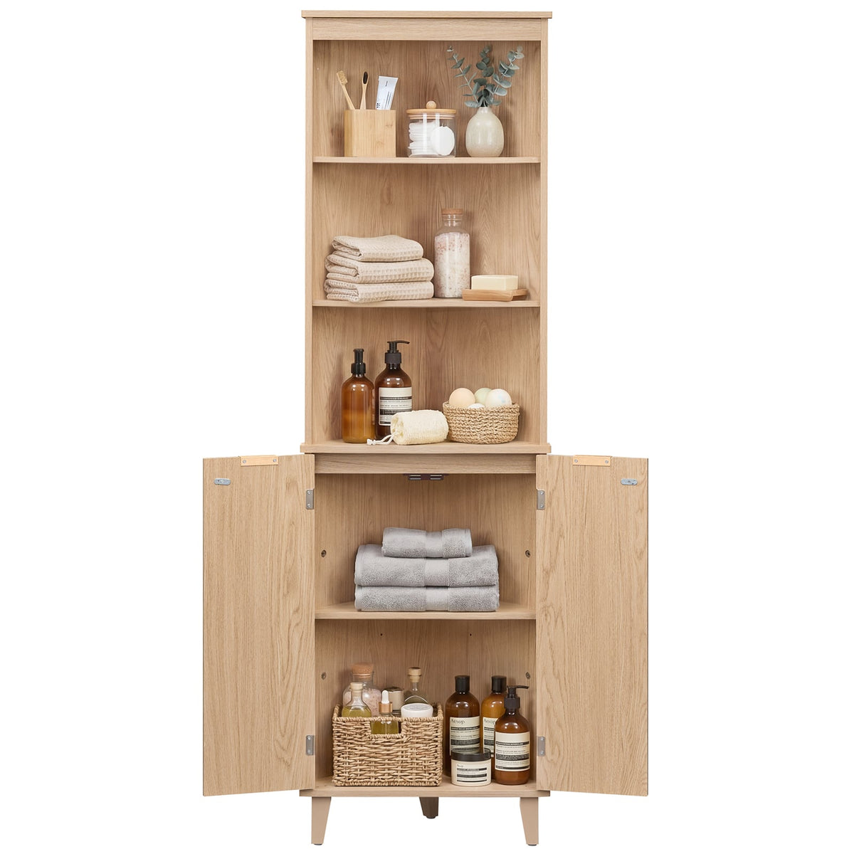 68" Tall Corner Cabinet with Fluted Doors - Oak Finish-Floor Cabinets-DECOROLALA