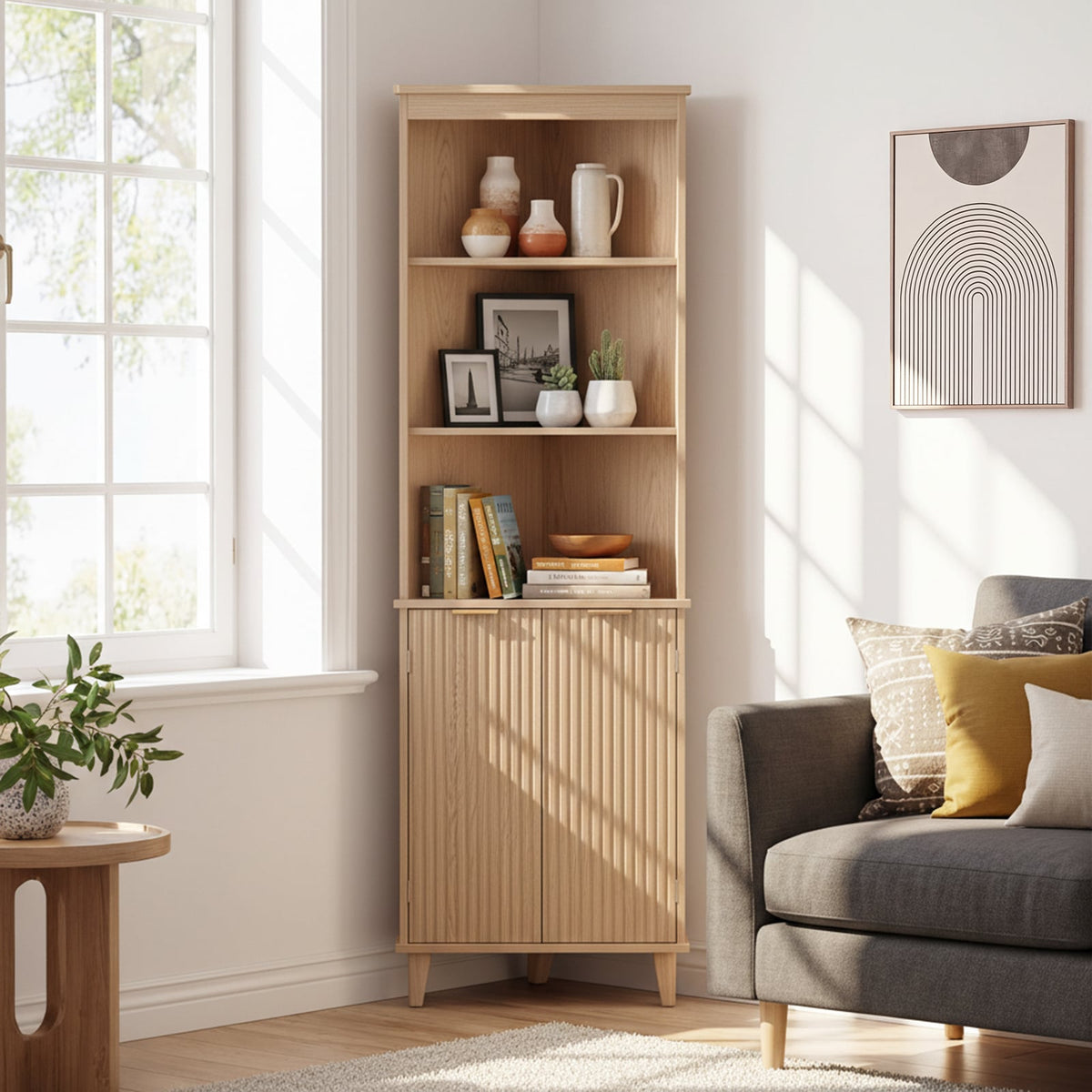 68" Tall Corner Cabinet with Fluted Doors - Oak Finish-Floor Cabinets-DECOROLALA