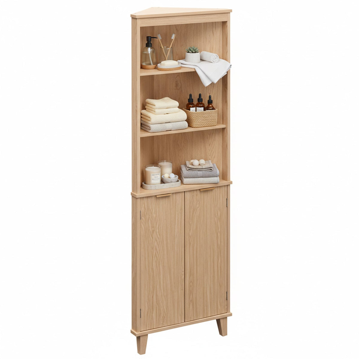 68" Tall Corner Cabinet with Fluted Doors - Oak Finish-Floor Cabinets-DECOROLALA