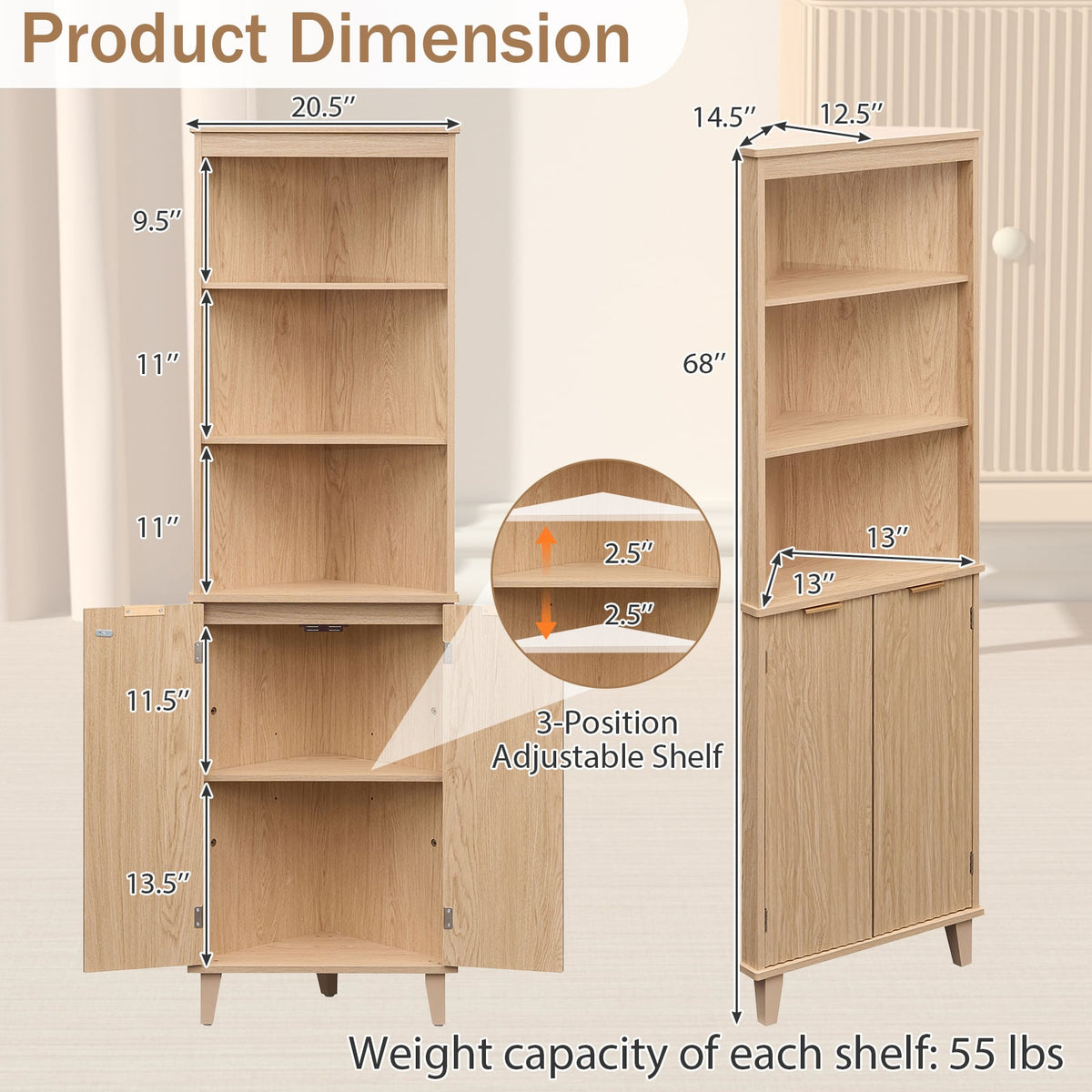 68" Tall Corner Cabinet with Fluted Doors - Oak Finish-Floor Cabinets-DECOROLALA