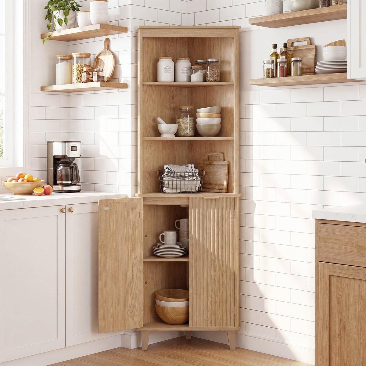 68" Tall Corner Cabinet with Fluted Doors - Oak Finish-Floor Cabinets-DECOROLALA