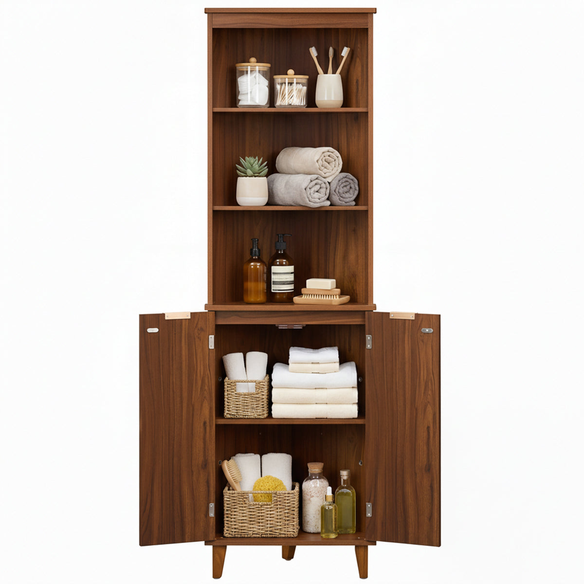 68" Tall Corner Cabinet with Fluted Doors - Walnut Storage-Floor Cabinets-DECOROLALA