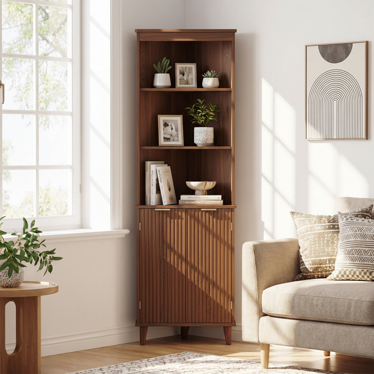 68" Tall Corner Cabinet with Fluted Doors - Walnut Storage-Floor Cabinets-DECOROLALA