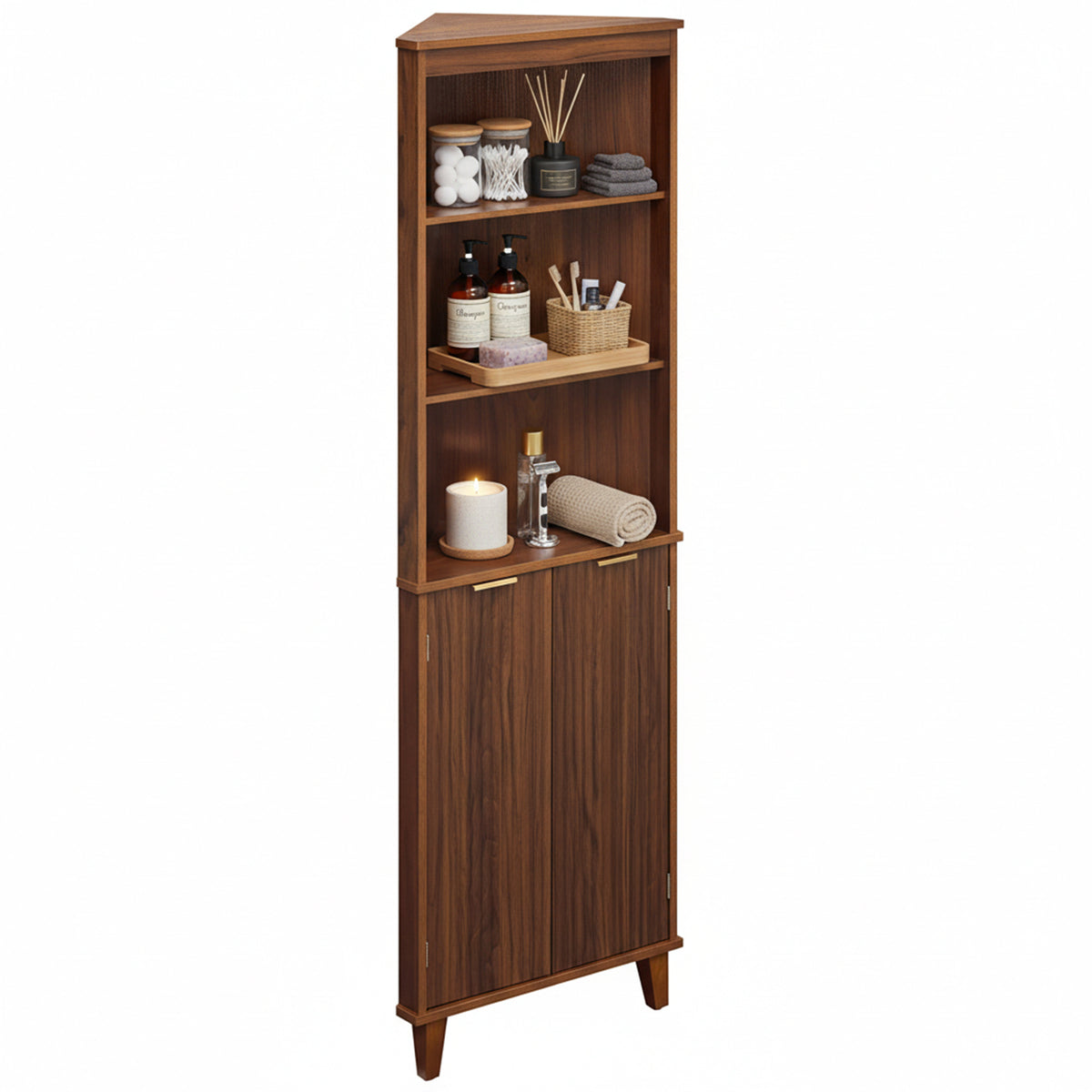 68" Tall Corner Cabinet with Fluted Doors - Walnut Storage-Floor Cabinets-DECOROLALA