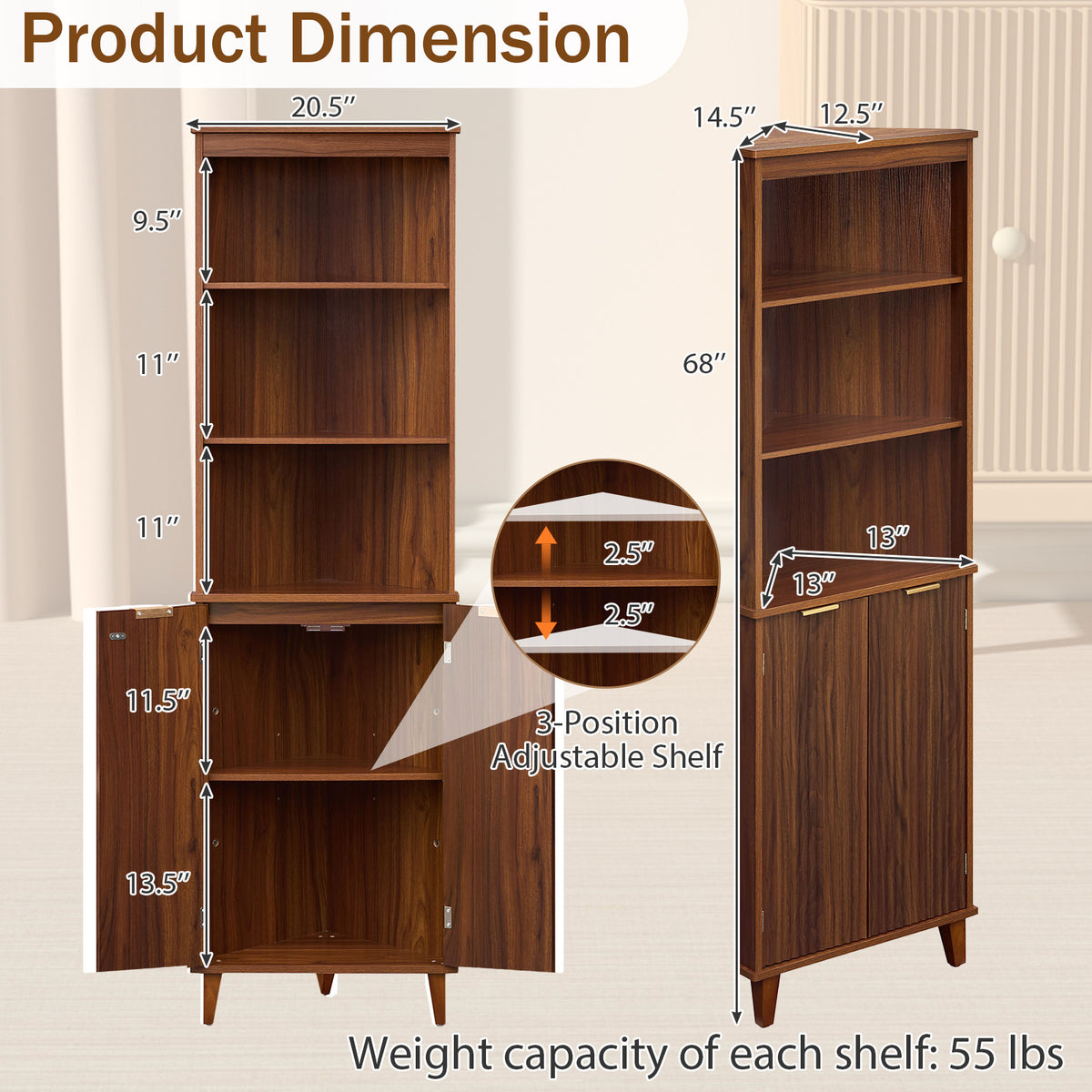 68" Tall Corner Cabinet with Fluted Doors - Walnut Storage-Floor Cabinets-DECOROLALA