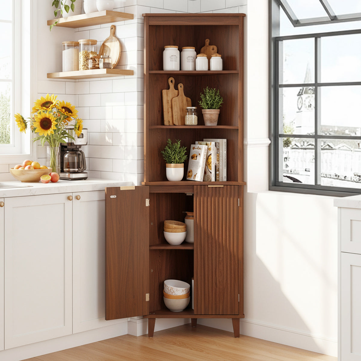68" Tall Corner Cabinet with Fluted Doors - Walnut Storage-Floor Cabinets-DECOROLALA