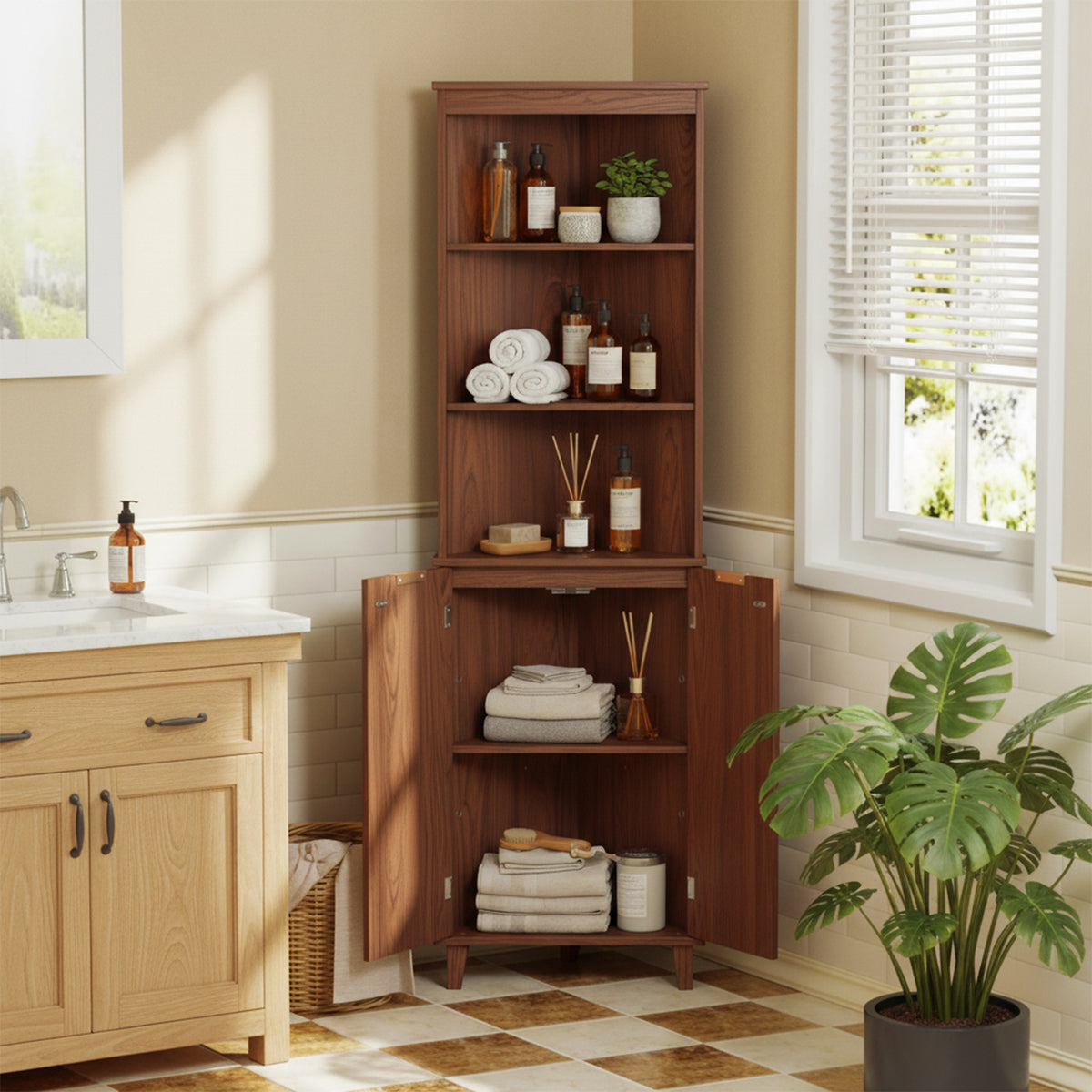 68" Tall Corner Cabinet with Fluted Doors - Walnut Storage-Floor Cabinets-DECOROLALA