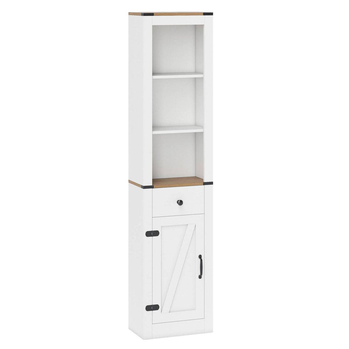 68" Tall Slim Bathroom Cabinet with Barn Door & Drawer - White-Floor Cabinets-DECOROLALA