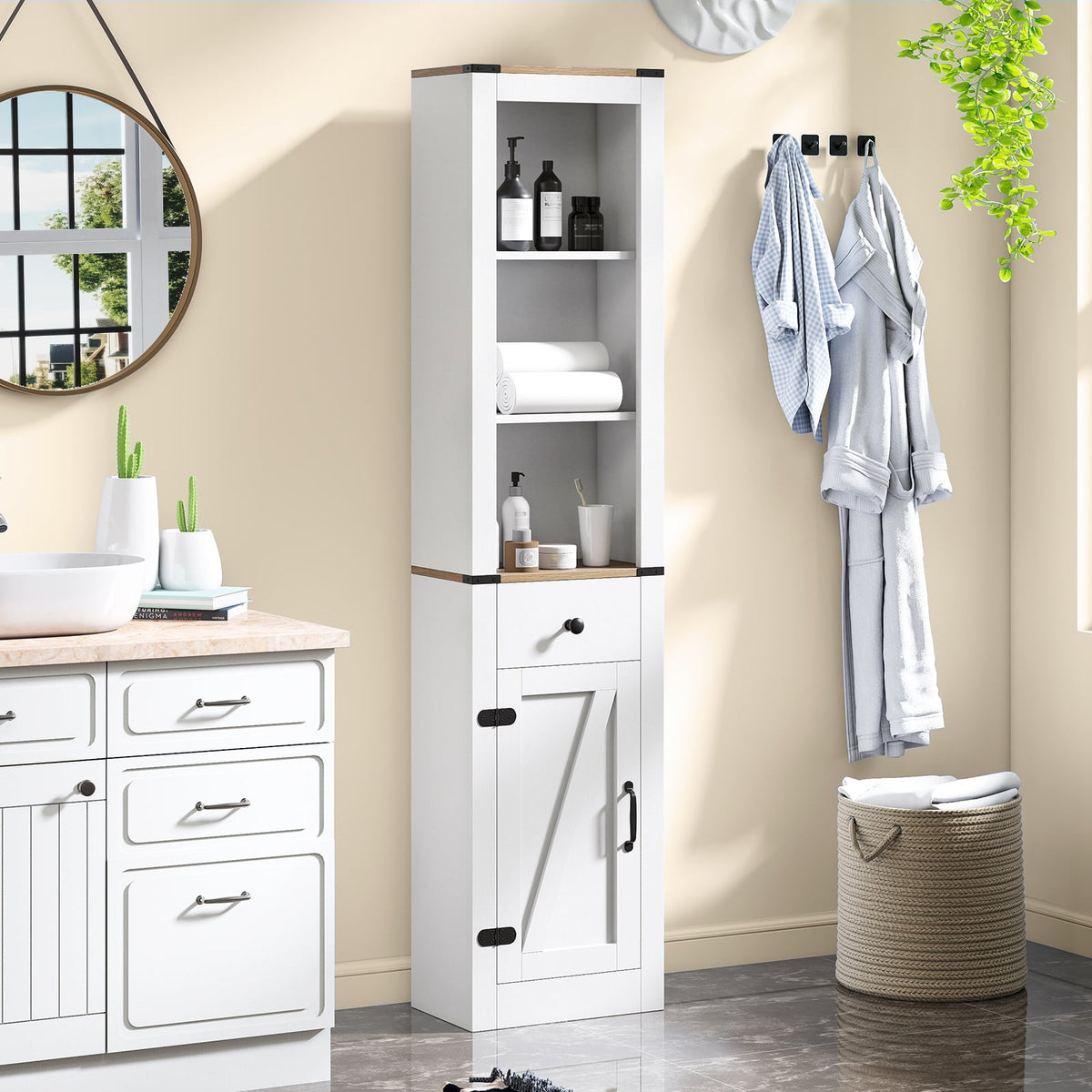 68" Tall Slim Bathroom Cabinet with Barn Door & Drawer - White-Floor Cabinets-DECOROLALA