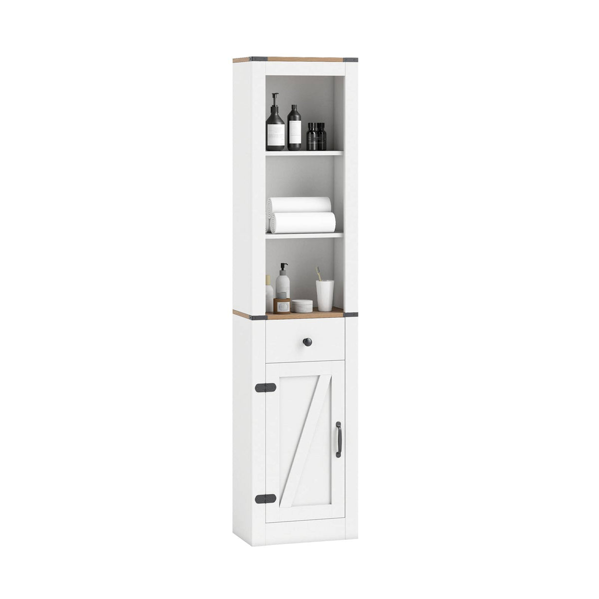 68" Tall Slim Bathroom Cabinet with Barn Door & Drawer - White-Floor Cabinets-DECOROLALA