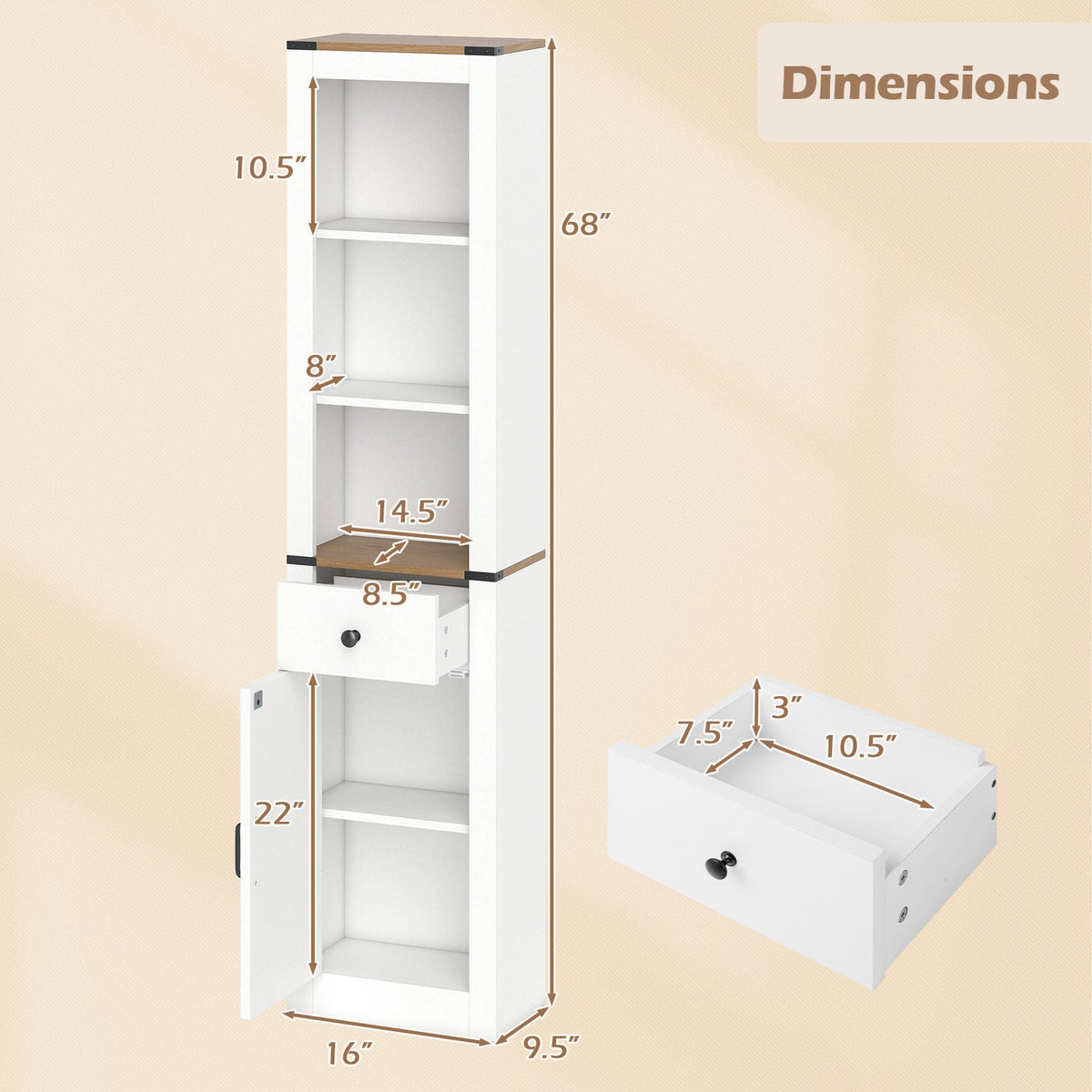 68" Tall Slim Bathroom Cabinet with Barn Door & Drawer - White-Floor Cabinets-DECOROLALA