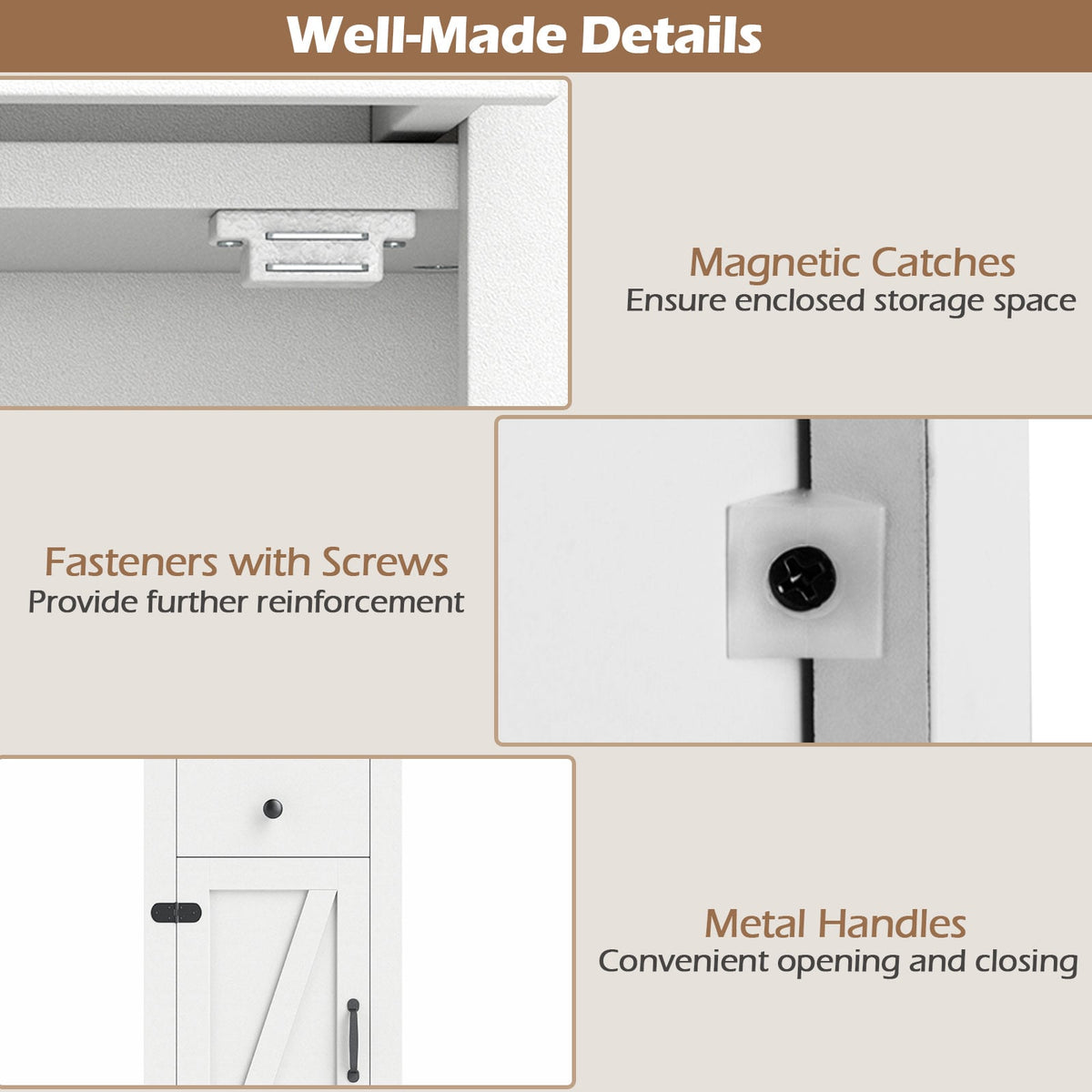 68" Tall Slim Bathroom Cabinet with Barn Door & Drawer - White-Floor Cabinets-DECOROLALA