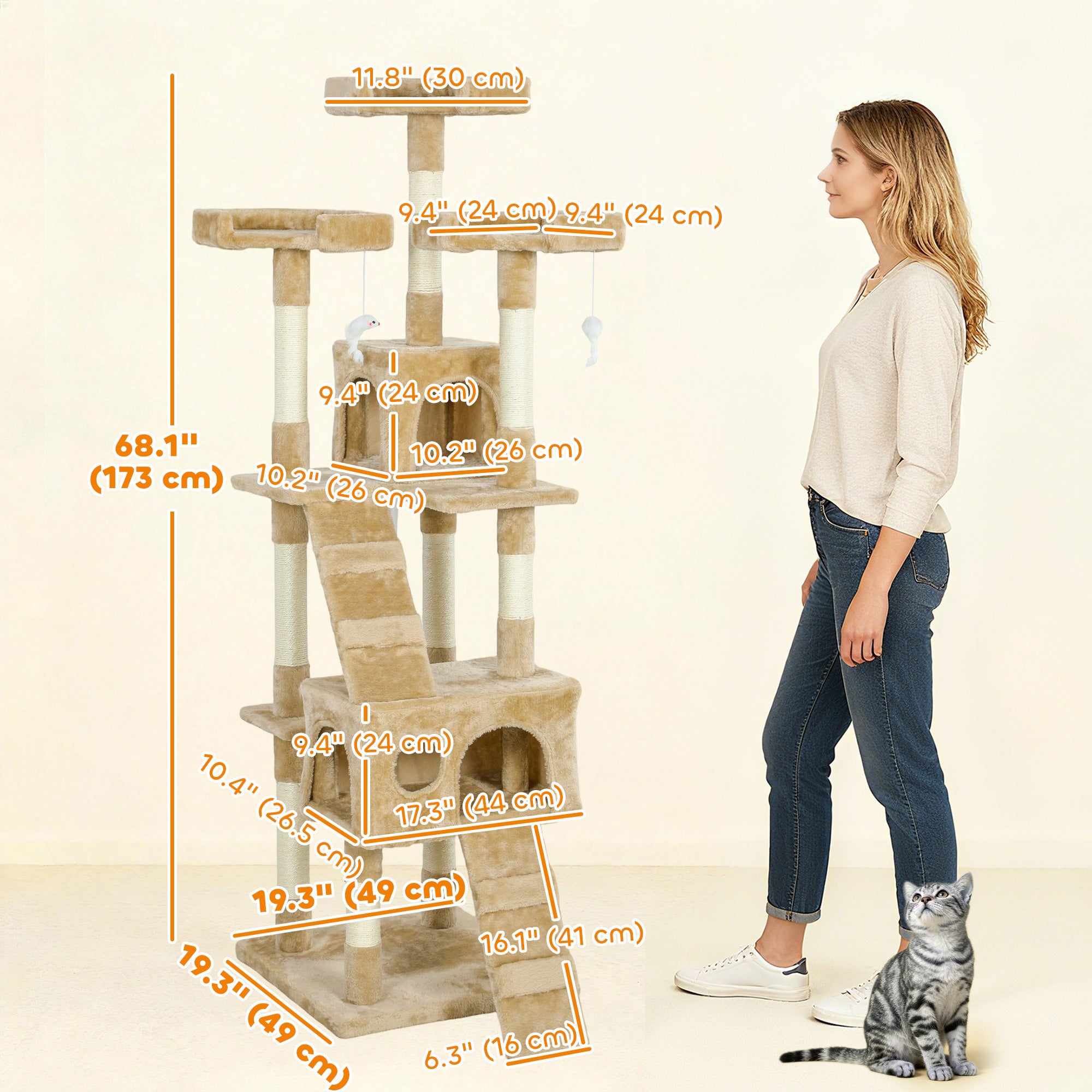 68-inch Multi-Level Cat Scratching Tree Kitty Activity Center Post Tower Condo Pet Furniture w/ Toy Light Brown-Cats-DECOROLALA