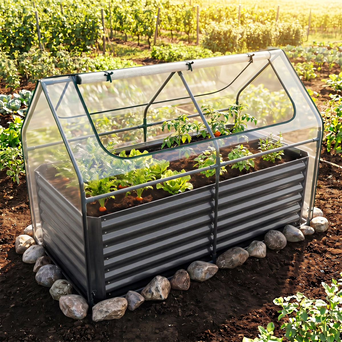 68 x 33 x 21 Inch Galvanized Raised Garden Bed with Cover-Black-Raised Garden Beds-DECOROLALA