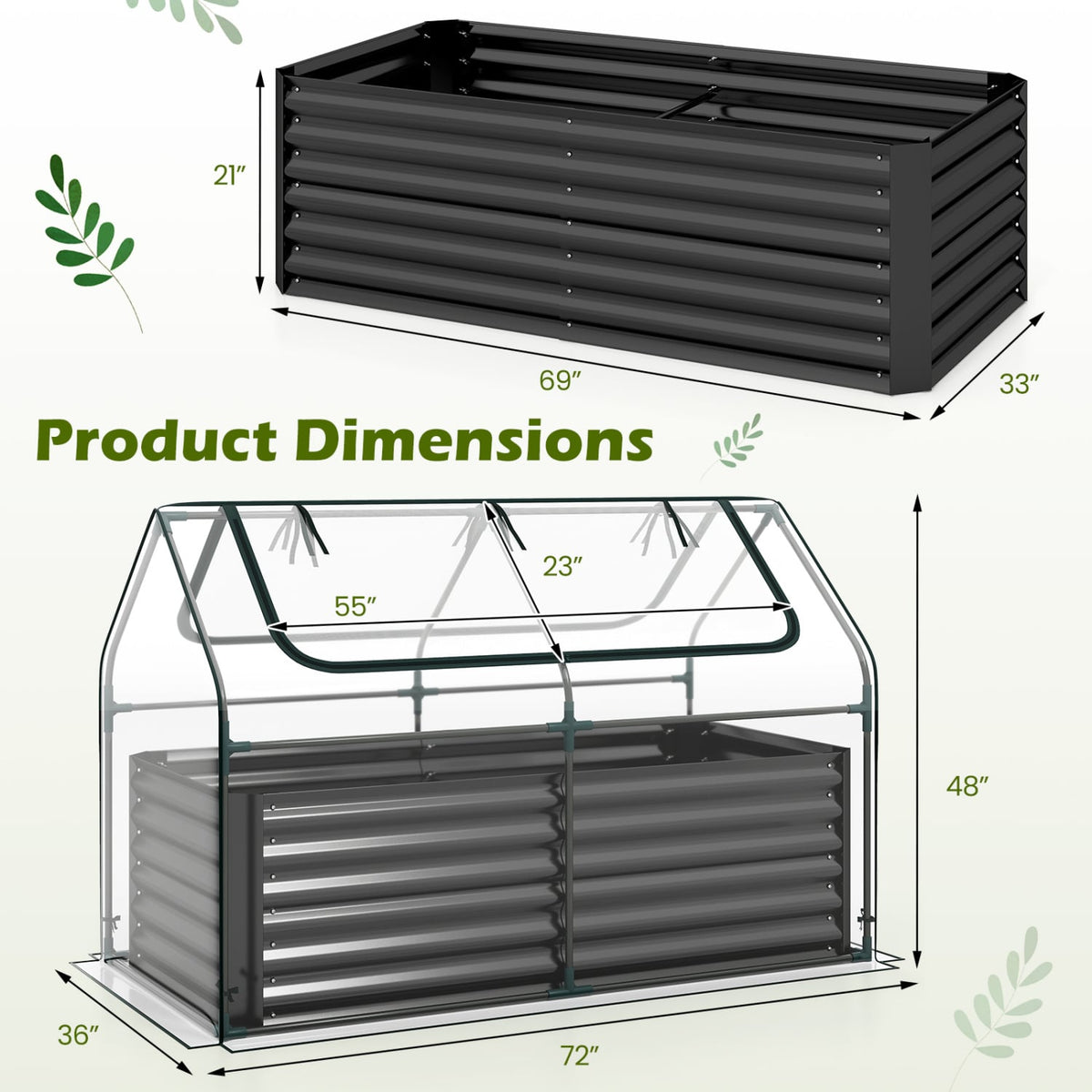 68 x 33 x 21 Inch Galvanized Raised Garden Bed with Cover-Black-Raised Garden Beds-DECOROLALA
