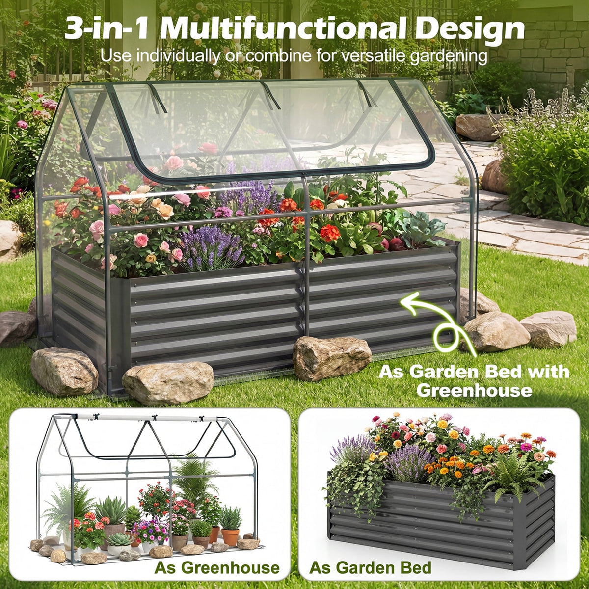 68 x 33 x 21 Inch Galvanized Raised Garden Bed with Cover-Black-Raised Garden Beds-DECOROLALA