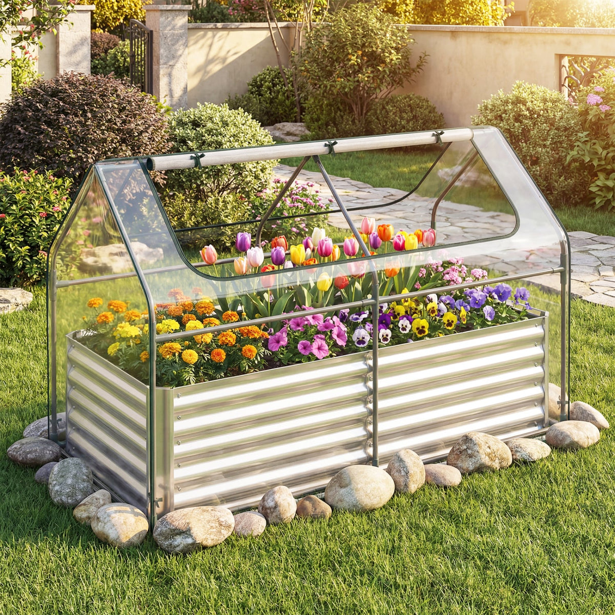 68 x 33 x 21 Inch Galvanized Raised Garden Bed with Cover-Silver-Raised Garden Beds-DECOROLALA