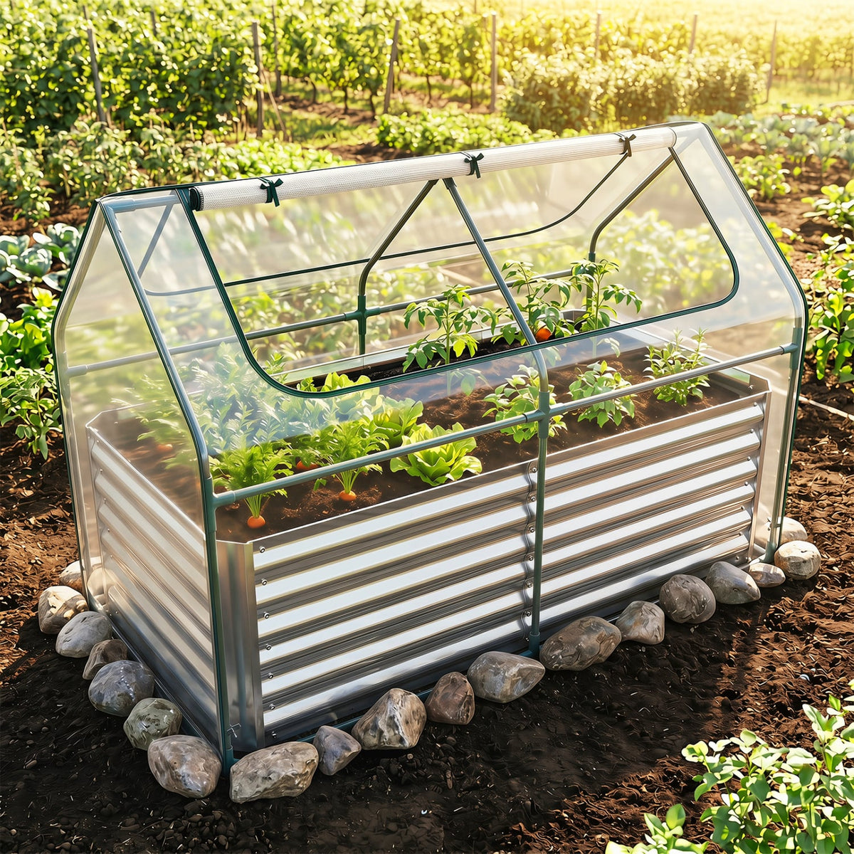 68 x 33 x 21 Inch Galvanized Raised Garden Bed with Cover-Silver-Raised Garden Beds-DECOROLALA