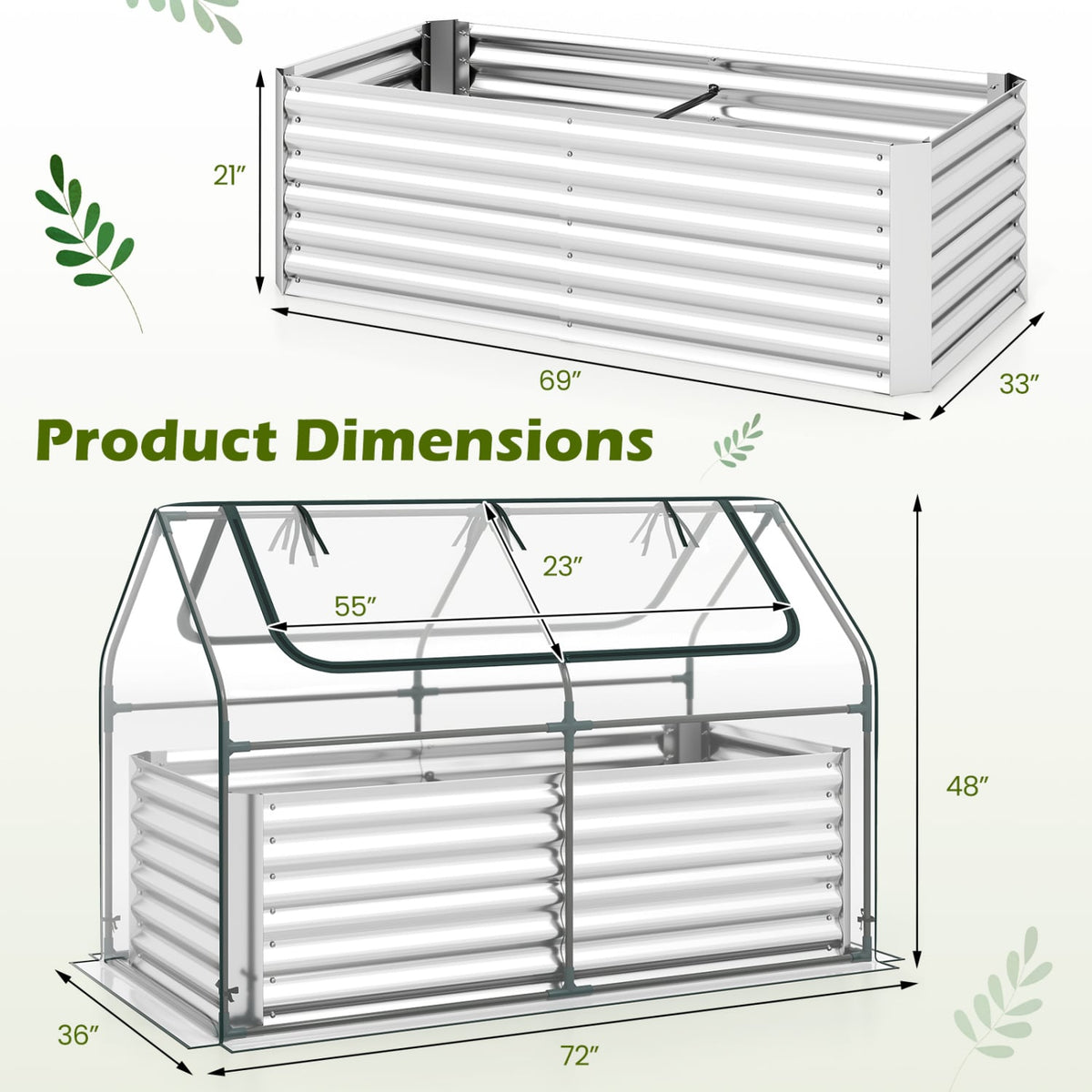 68 x 33 x 21 Inch Galvanized Raised Garden Bed with Cover-Silver-Raised Garden Beds-DECOROLALA