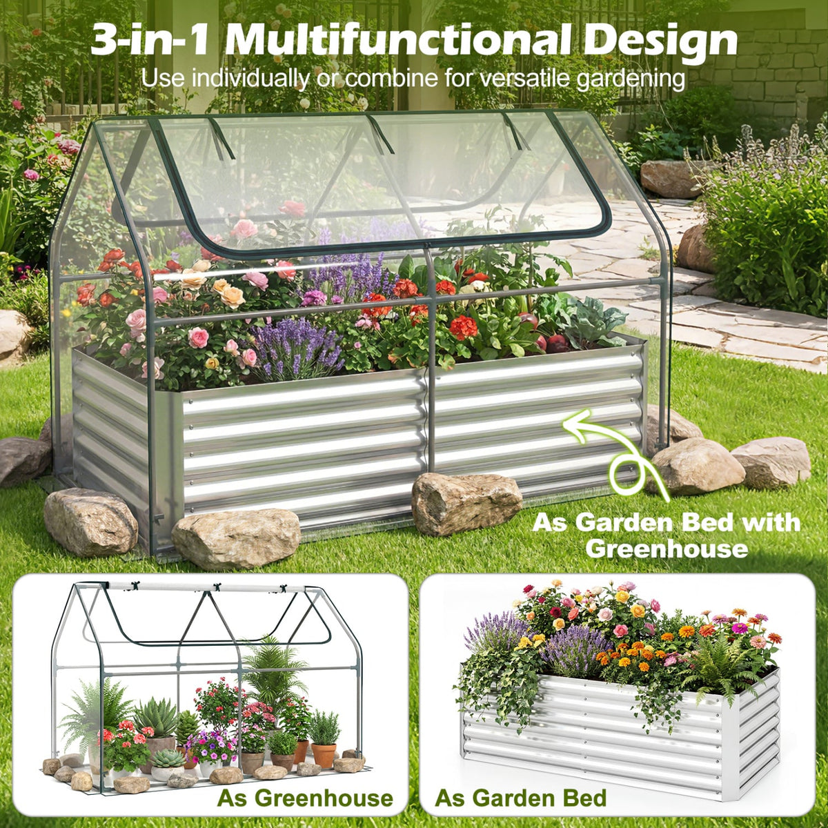 68 x 33 x 21 Inch Galvanized Raised Garden Bed with Cover-Silver-Raised Garden Beds-DECOROLALA