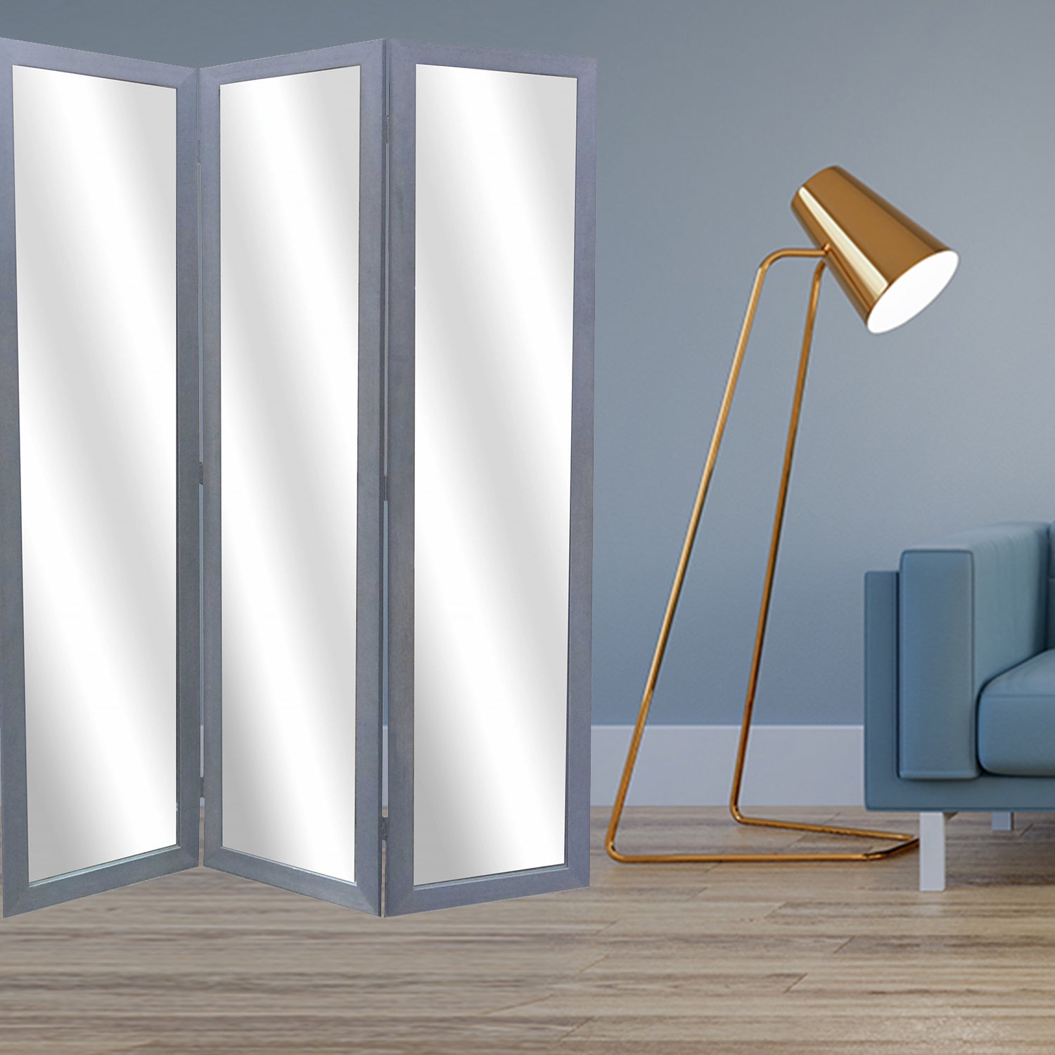 69" Black Wood and Mirrored Glass Folding Three Panel Screen Room Divider-Room Dividers-DECOROLALA