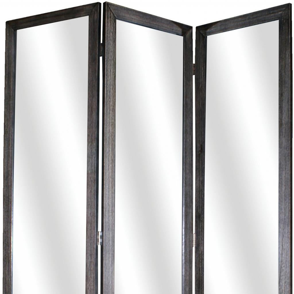 69" Black Wood and Mirrored Glass Folding Three Panel Screen Room Divider-Room Dividers-DECOROLALA
