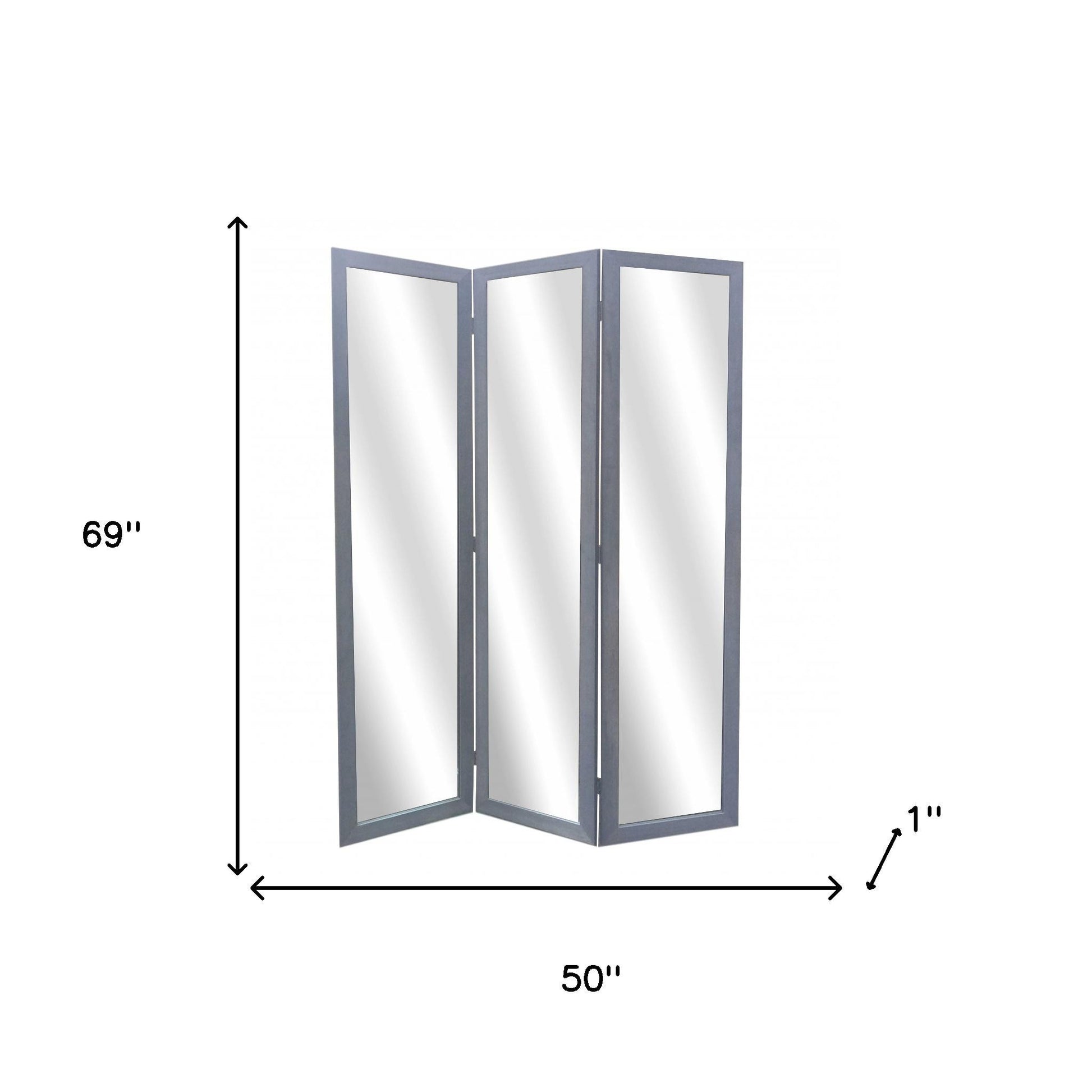 69" Black Wood and Mirrored Glass Folding Three Panel Screen Room Divider-Room Dividers-DECOROLALA