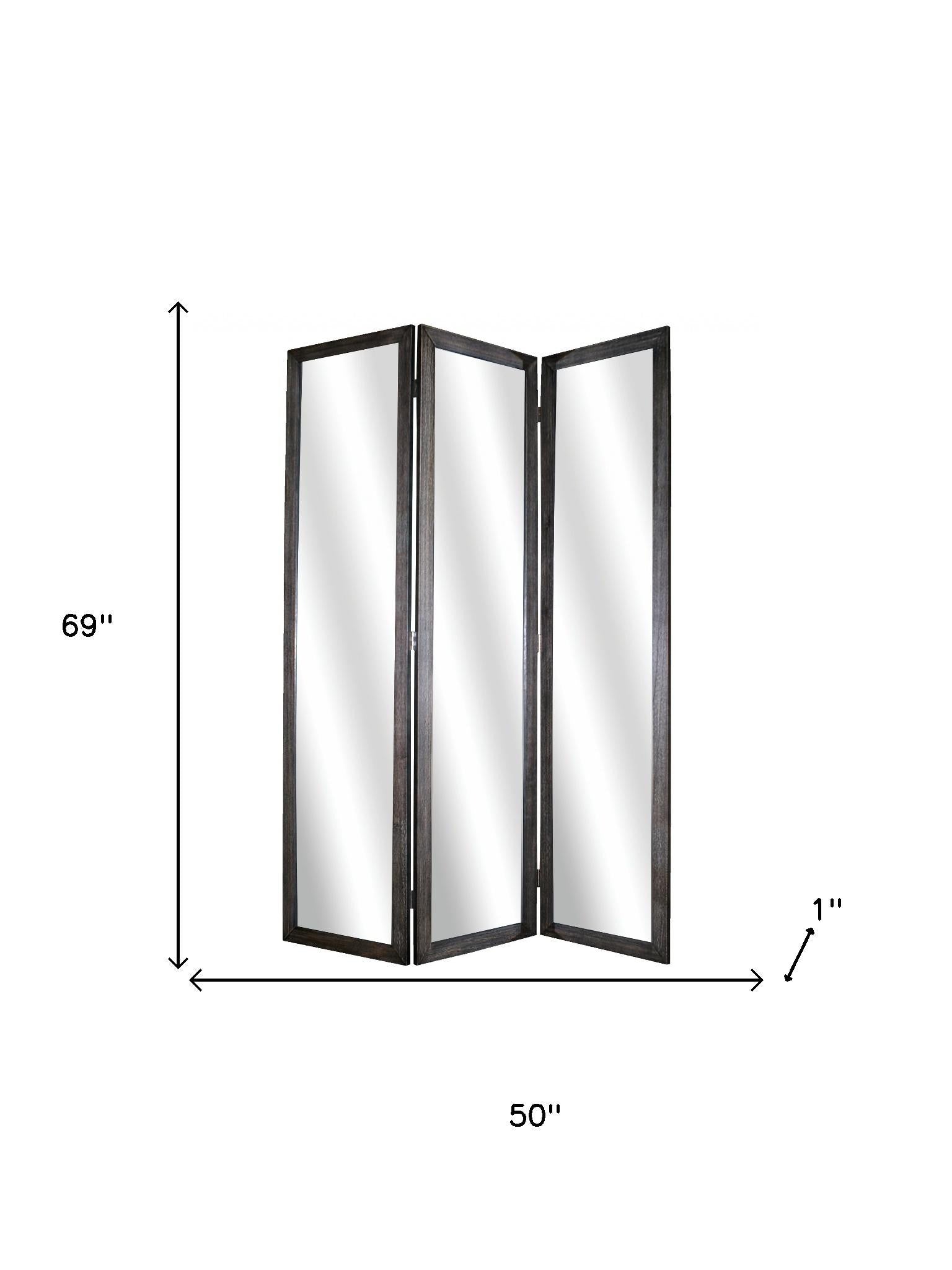 69" Black Wood and Mirrored Glass Folding Three Panel Screen Room Divider-Room Dividers-DECOROLALA