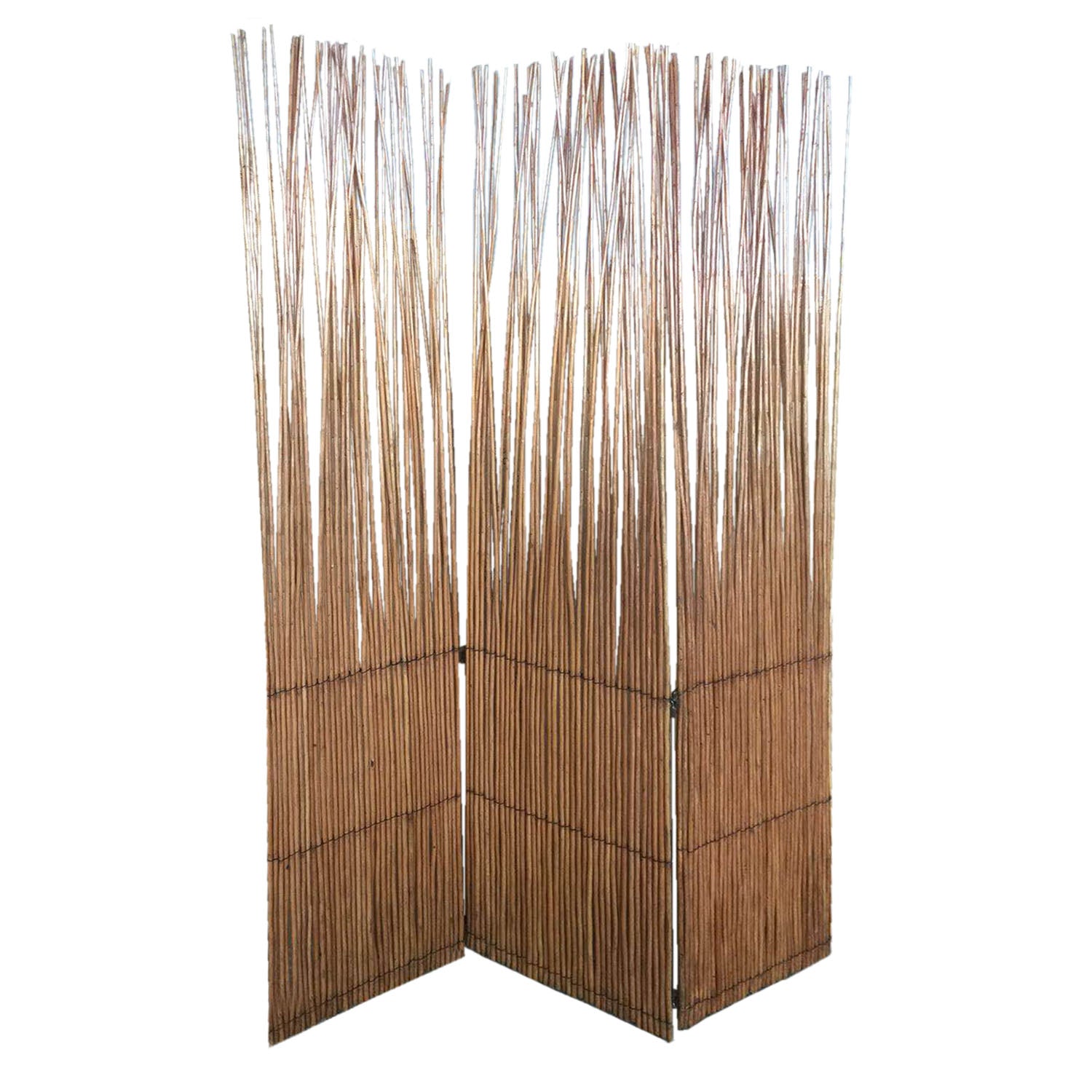 69" Brown Wood and Metal Folding Three Panel Screen Room Divider-Room Dividers-DECOROLALA