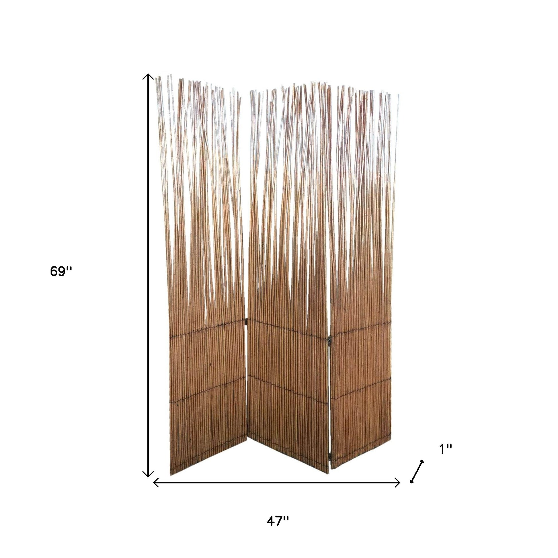 69" Brown Wood and Metal Folding Three Panel Screen Room Divider-Room Dividers-DECOROLALA