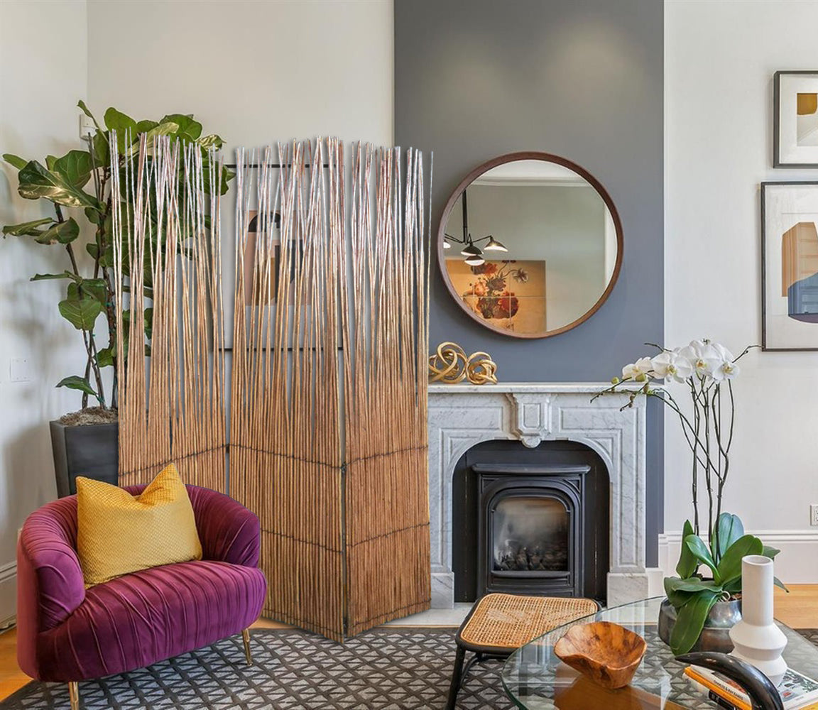 69" Brown Wood and Metal Folding Three Panel Screen Room Divider-Room Dividers-DECOROLALA