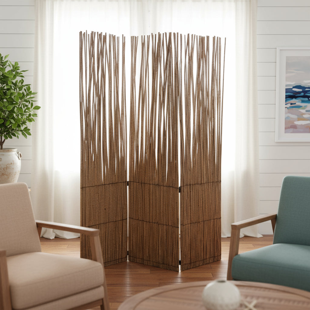 69" Brown Wood and Metal Folding Three Panel Screen Room Divider-Room Dividers-DECOROLALA