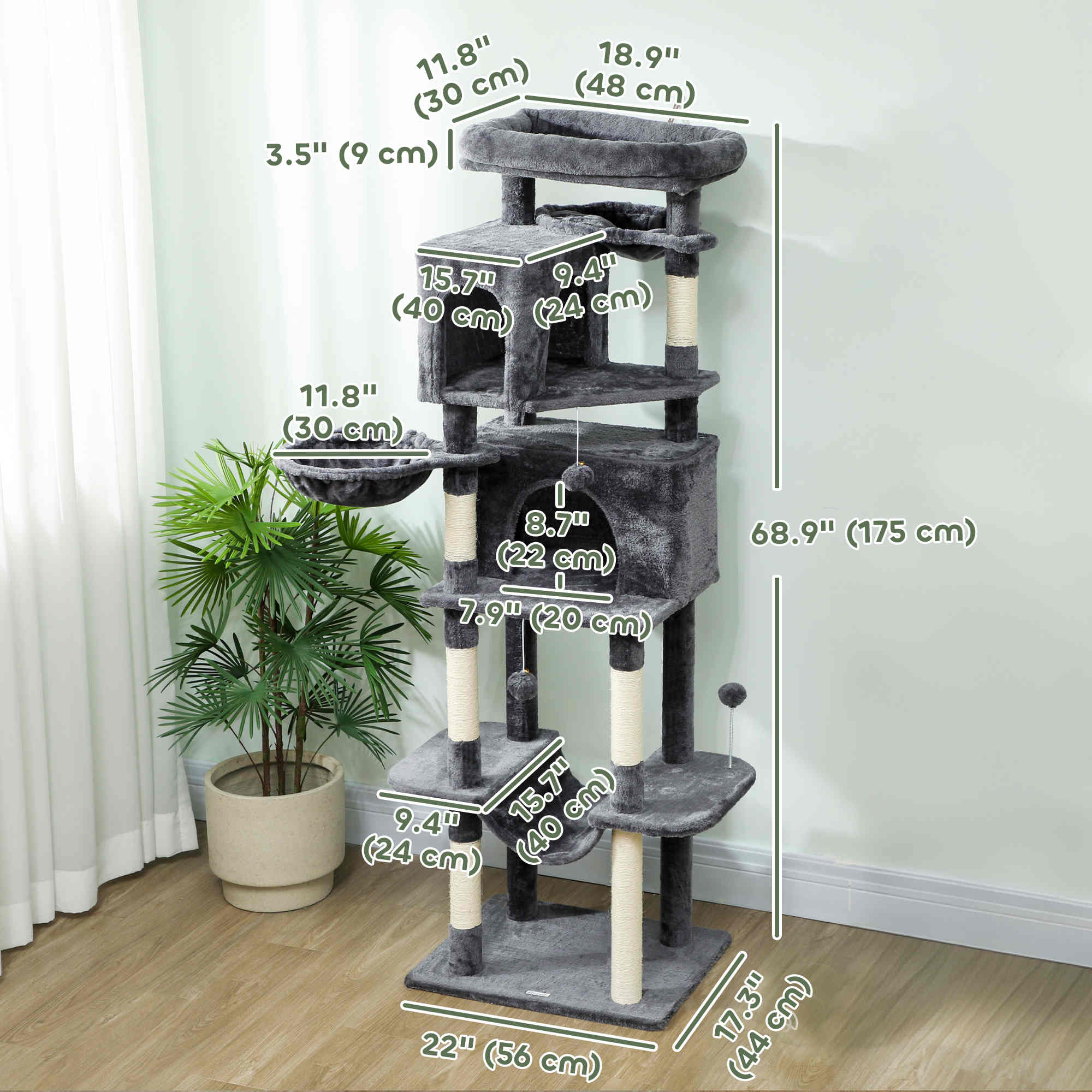 69" Cat Tree, Multi-Level Cat Tower with 2 Condos, Plush Perch and Sisal Scratching Posts, Dark Grey-Cats-DECOROLALA