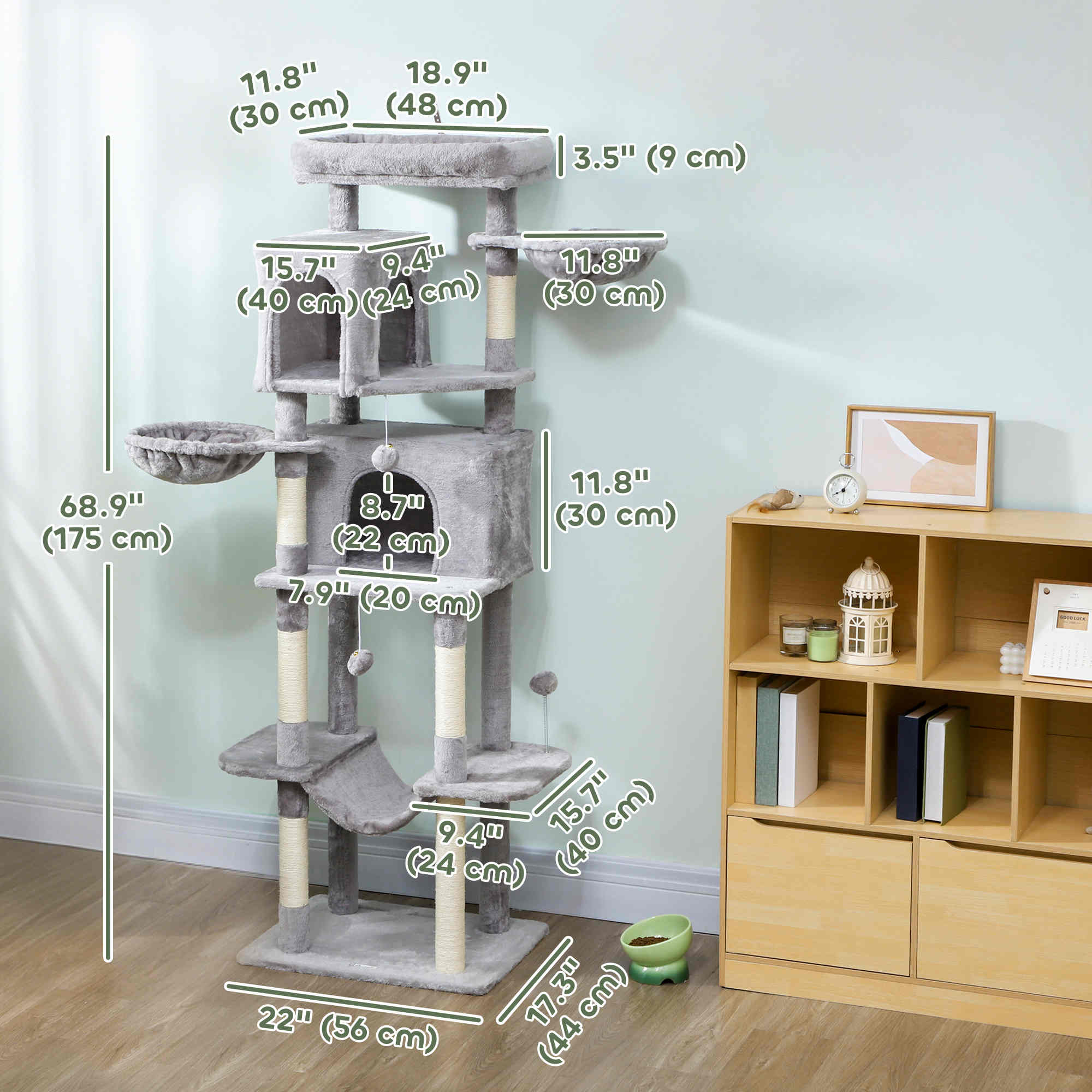 69" Cat Tree, Multi-Level Cat Tower with 2 Condos, Plush Perch and Sisal Scratching Posts, Light Grey-Cats-DECOROLALA